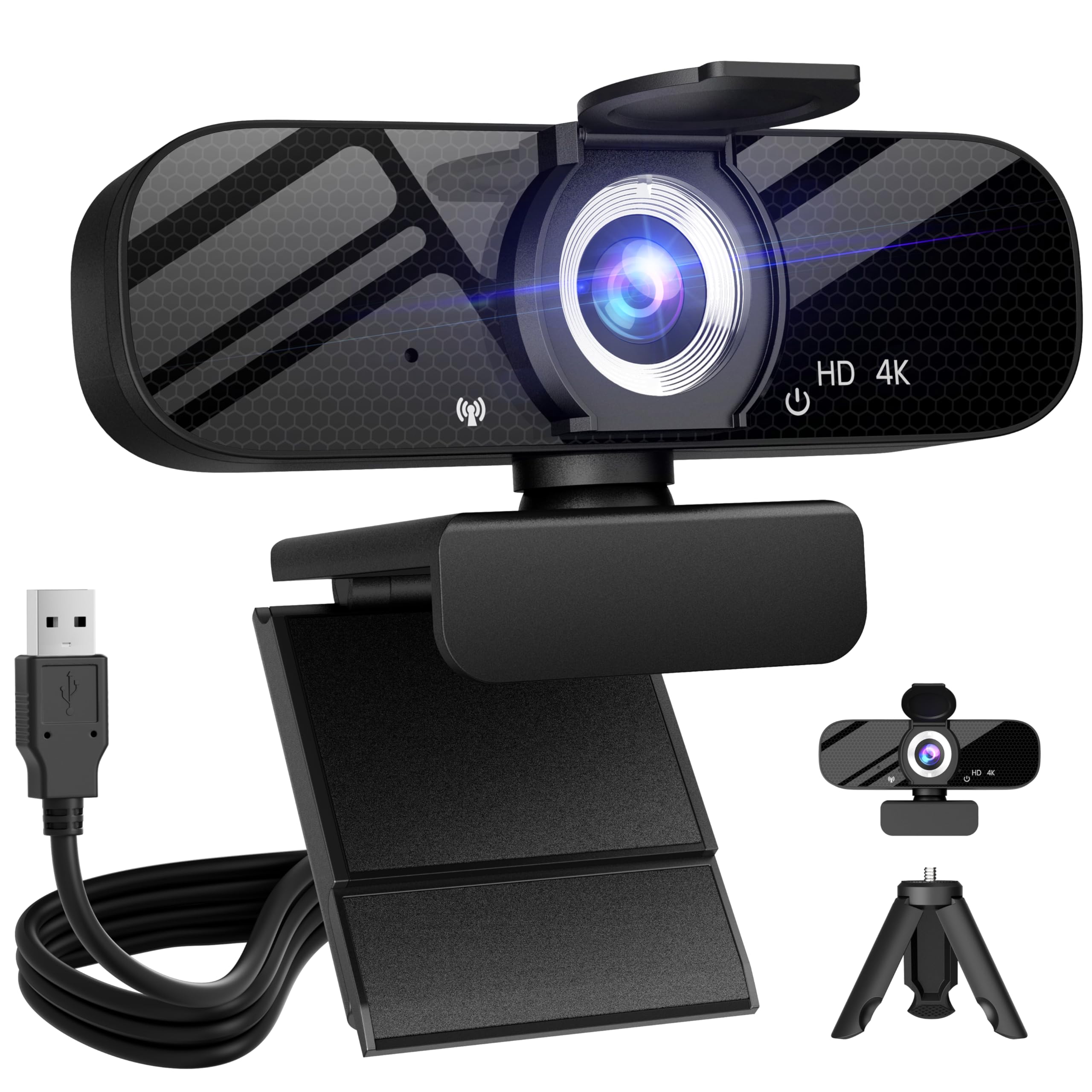 Tewiky - Full HD Webcam with Built-in Microphone and Rotating Tripod, 4K Video and Wide Angle Camera, Privacy Cover, for Desktop PC or Laptop