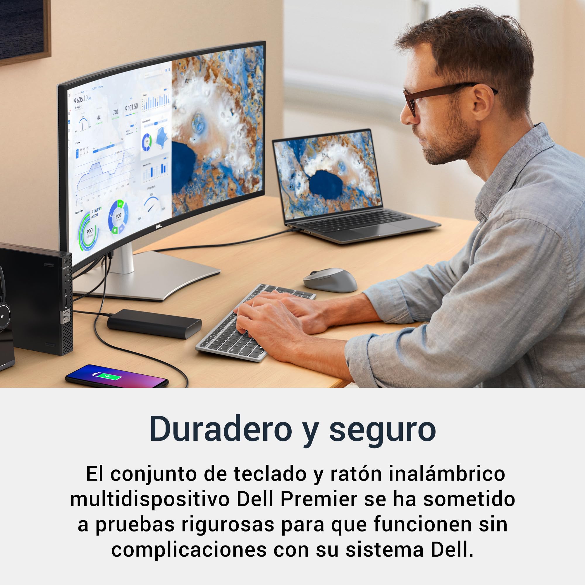 DELL KM7321W Teclado y Ratón Inalámbricos – Bluetooth y 2.4 GHz, 12 Teclas Programables, Sensor 4000 dpi, Batería 36 Meses, Teclado Español QWERTY – Gris Titanio