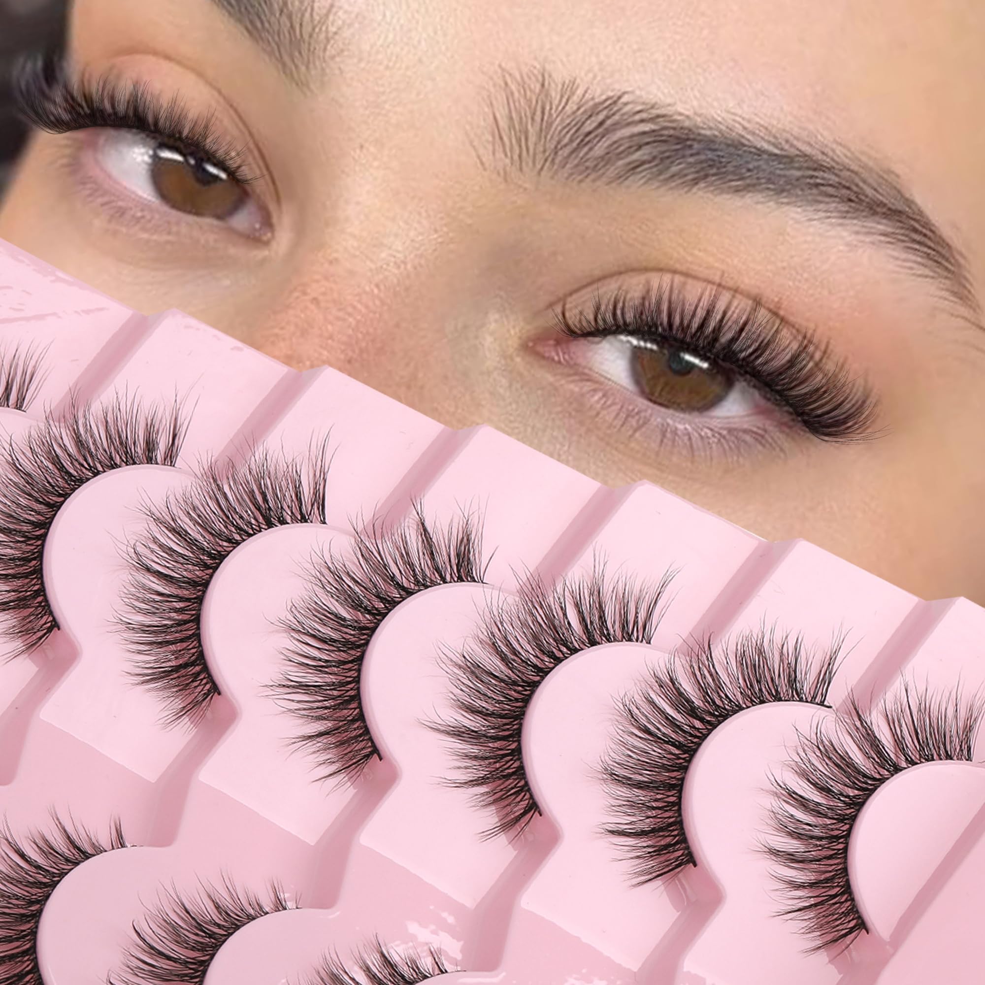 Natural Lashes Wispy Strip Eyelashes Natural Looking False Eye Lash Soft Flared Fake Eyelash Fluffy Thin Band Pack 7 Pairs D-K06