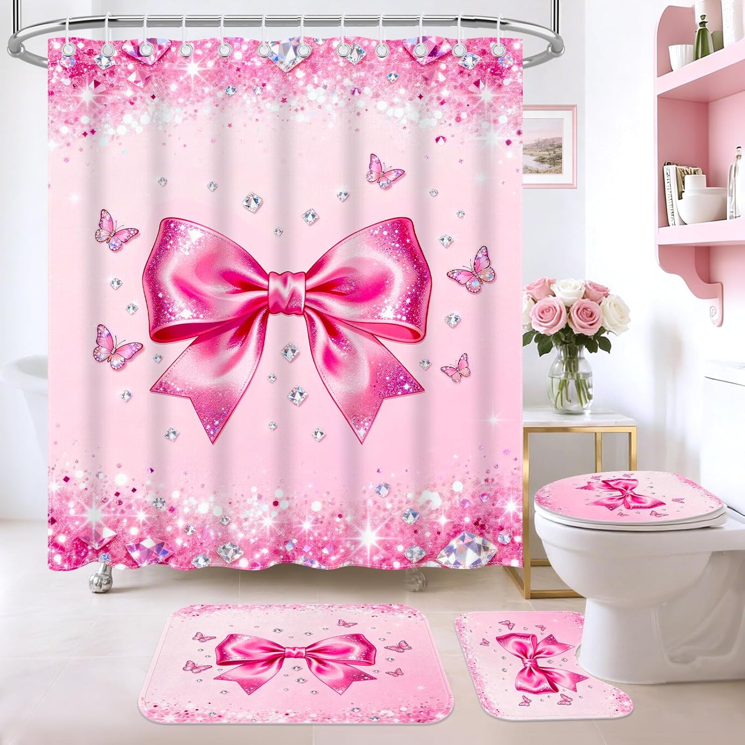 4Pcs Pink Shower Curtain Set Cute Bathroom Shower Curtains