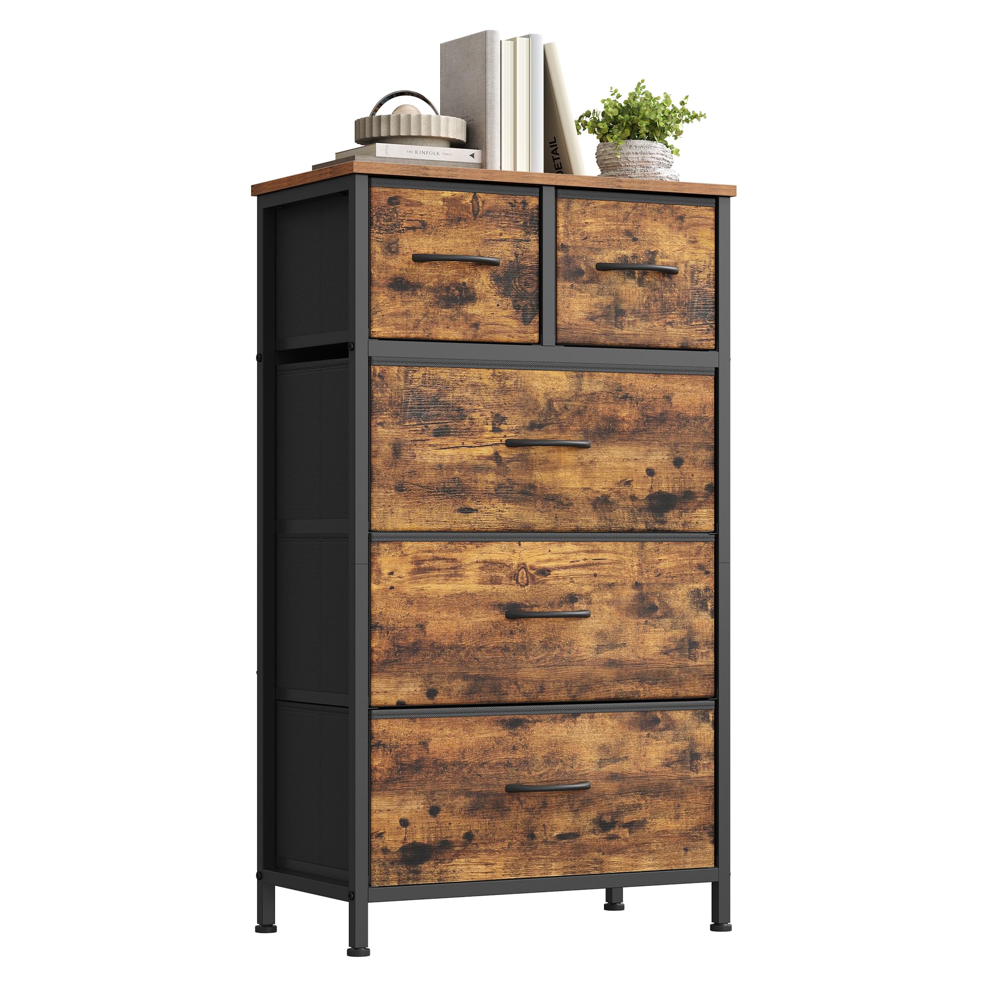 SONGMICS Komoda z 5 Szufladami z Materiału, Szafka do Przechowywania, Stalowa Rama, Drewniany Blat, 50,6 x 30 x 96,2 cm, do Sypialni, Rustykalny Brąz, Kolekcja BELLAH LGS431K101