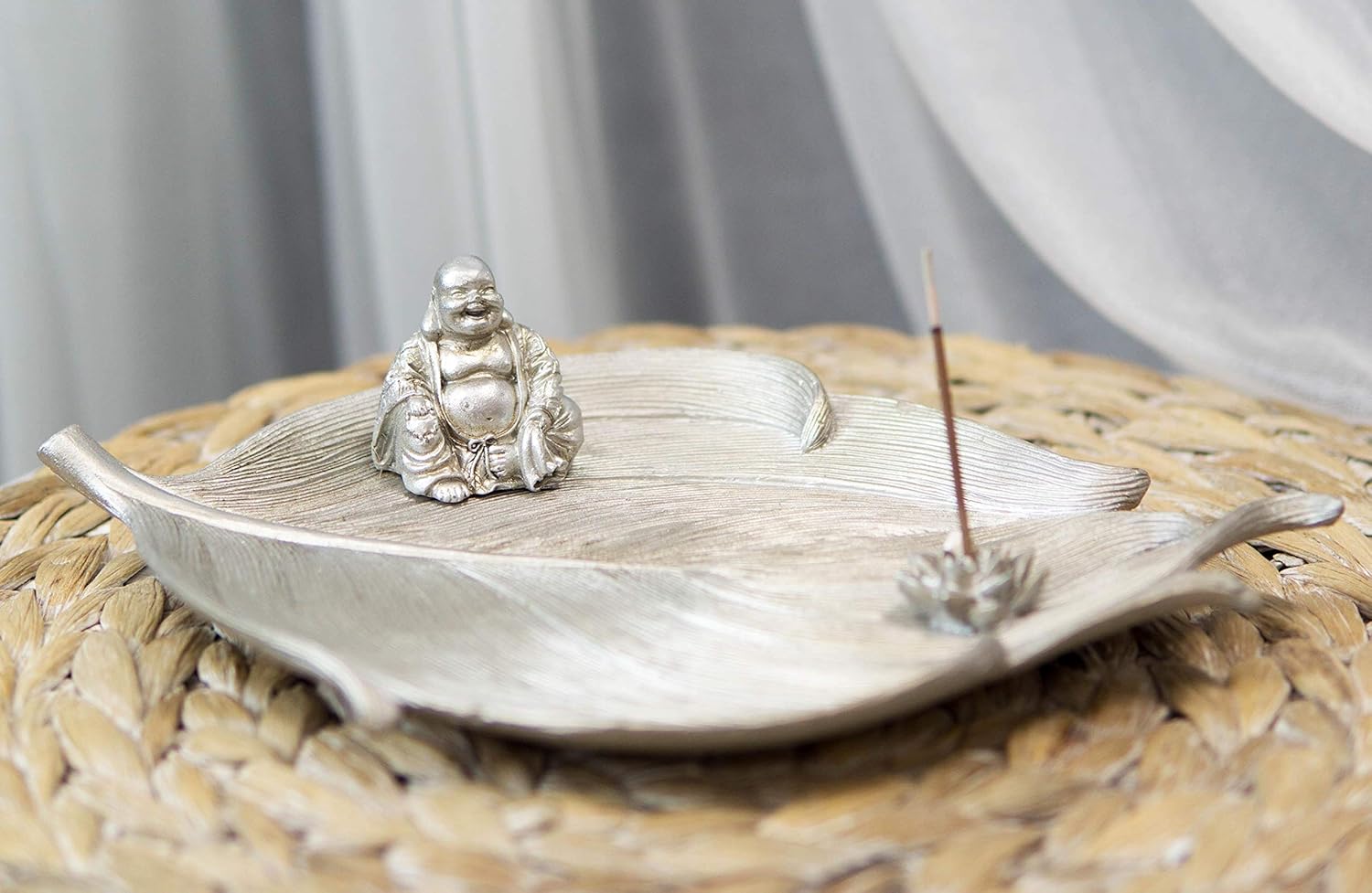 Ebros Gift Buddhism Hotei Laughing Buddha Sitting On Bodhi Tree Leaf with Lotus Flower Incense Stick Holder Burner Figurine Zen Feng Shui Home Fragrance Tabletop Altar Decor