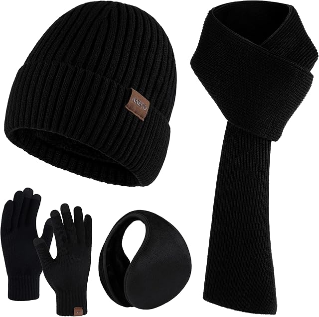 Aneco Winter Knit Gloves for Men Warmer Scarf Beanie Hat Thermal Earmuffs Touchscreen Gloves Set for Men Women