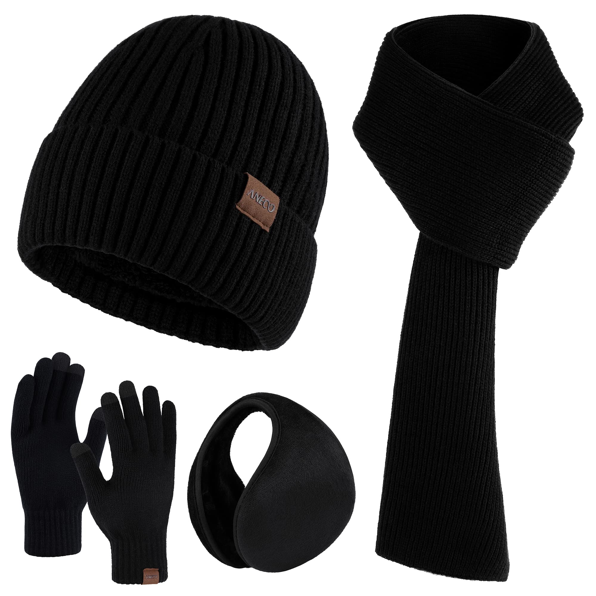 Aneco Guanti in maglia invernale per gli uomini sciarpa più calda cappello beanie paraorecchie termiche guanti touchscreen set per uomini donne