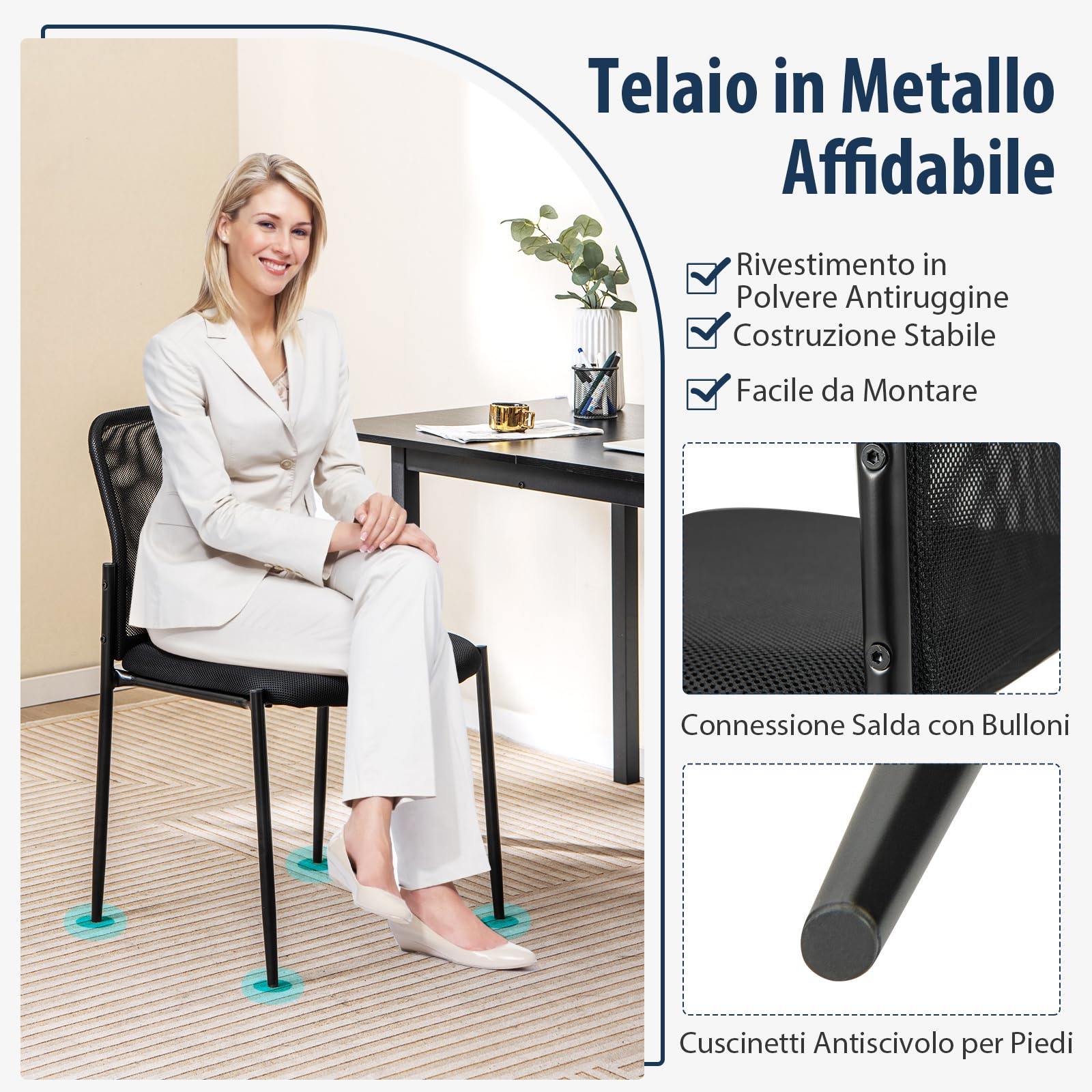 COSTWAY Set di 2 Sedie da Conferenza, Sedia da Ufficio con Schienale Ergonomico in Rete, Seduta Imbottita, Sedie per Sala d'Attesa, Ufficio, Portata 150 kg, 63 x 52 x 84 cm
