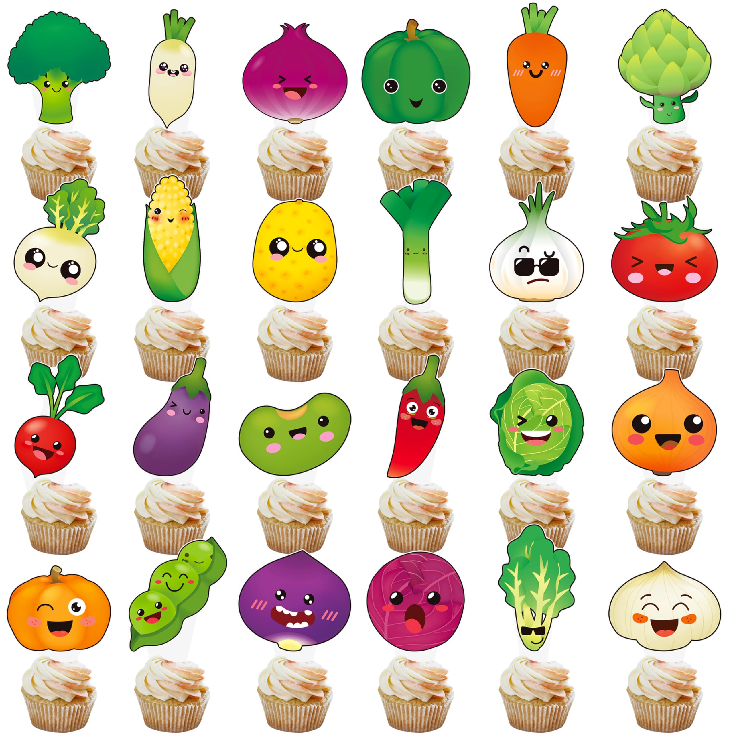 48Pcs Vegetable Cupckae Toppers Vegetable Birthday Party Decoration Funny Vegetable Cupcake Picks for Summer Fruit Garden Party Farmer Market Party Baby Shower Supplies