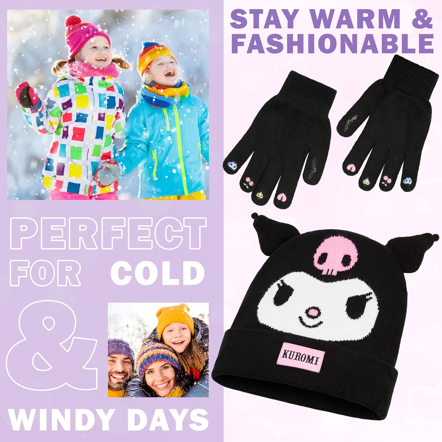 Hello Kitty Sanrio 2pcs Beanie, Gloves or 3pcs Hat, Gloves, Scarf Knit Set for Girls, Winter Gear, Kawaii Gifts for Girls - Image 3