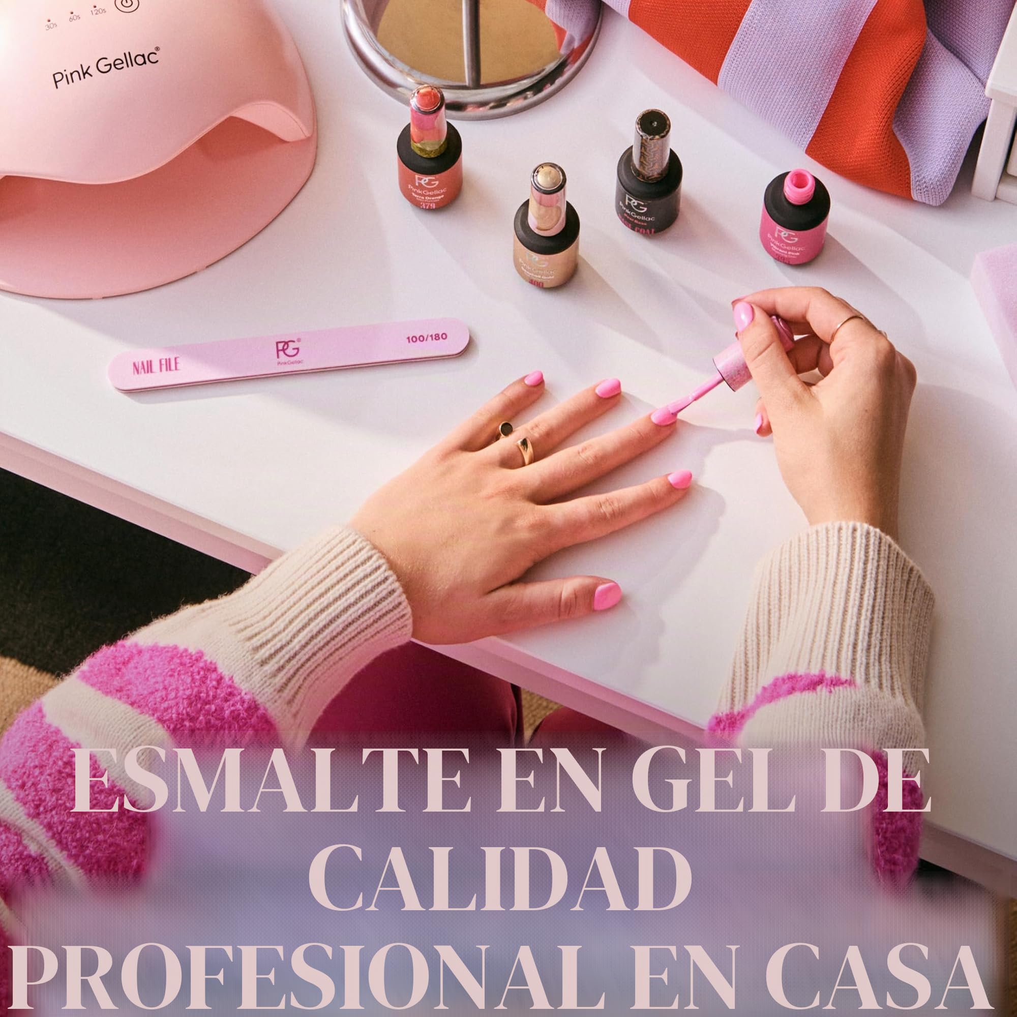 Pink Gellac Kit de Uñas Semipermanentes - Set Manicura y Pedicura con Pro Lampara Uñas Semipermanentes Rosa, 4 Tonos Rojos 15 ml, Top Coat y Base Coat Peel Off, Removedor, Limpiador - Calidad de Salón