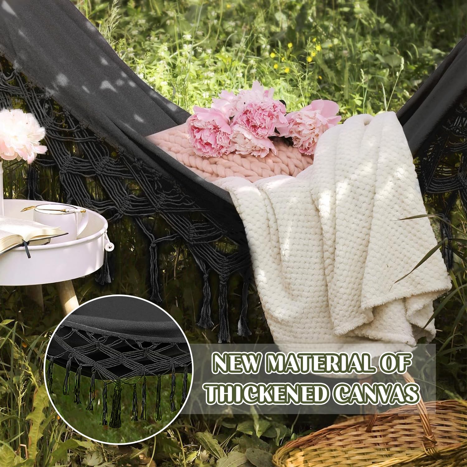 Hängematte Outdoor Boho, XXL Übergroßer Hängematte Hängesessel 2 Personen max 440 lbs, Hängeschaukel mit Tasche Holzstange Hängematte Indoor & Outdoor für Patio Garten Terrasse Wohn-Schlafzimmer
