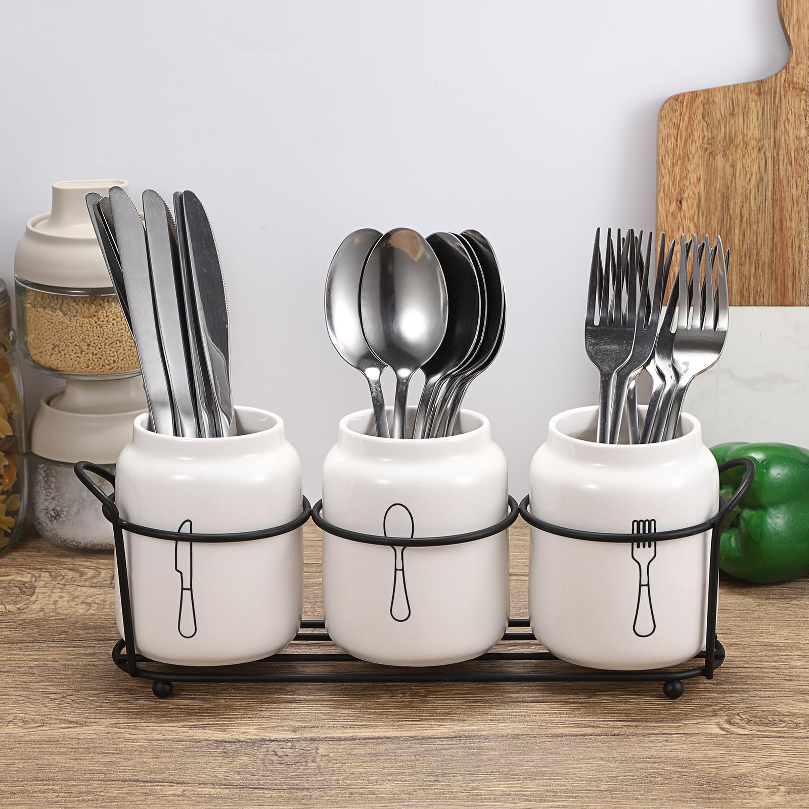 SUMNACON Portaposate in Ceramica, 3 Pezzi, Supporto per Cucchiai, Organizer da Cucina, Armadio da Cucina, Bianco