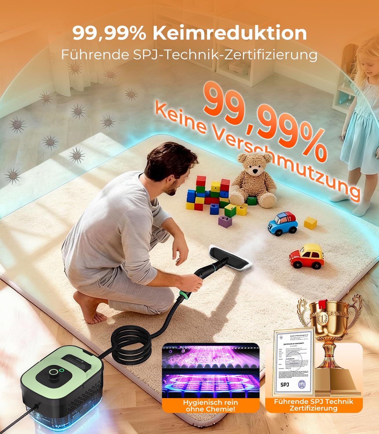 18-IN-1 Dampfreiniger Handgerät【99,99% Keimreduktion-Führende Deutsche SPJ Technik】【9s Turbo-Dampf-Intelligent Turbo Steam System】Dampfreiniger für Alles,Dampfbesen für Boden, Küche etc.