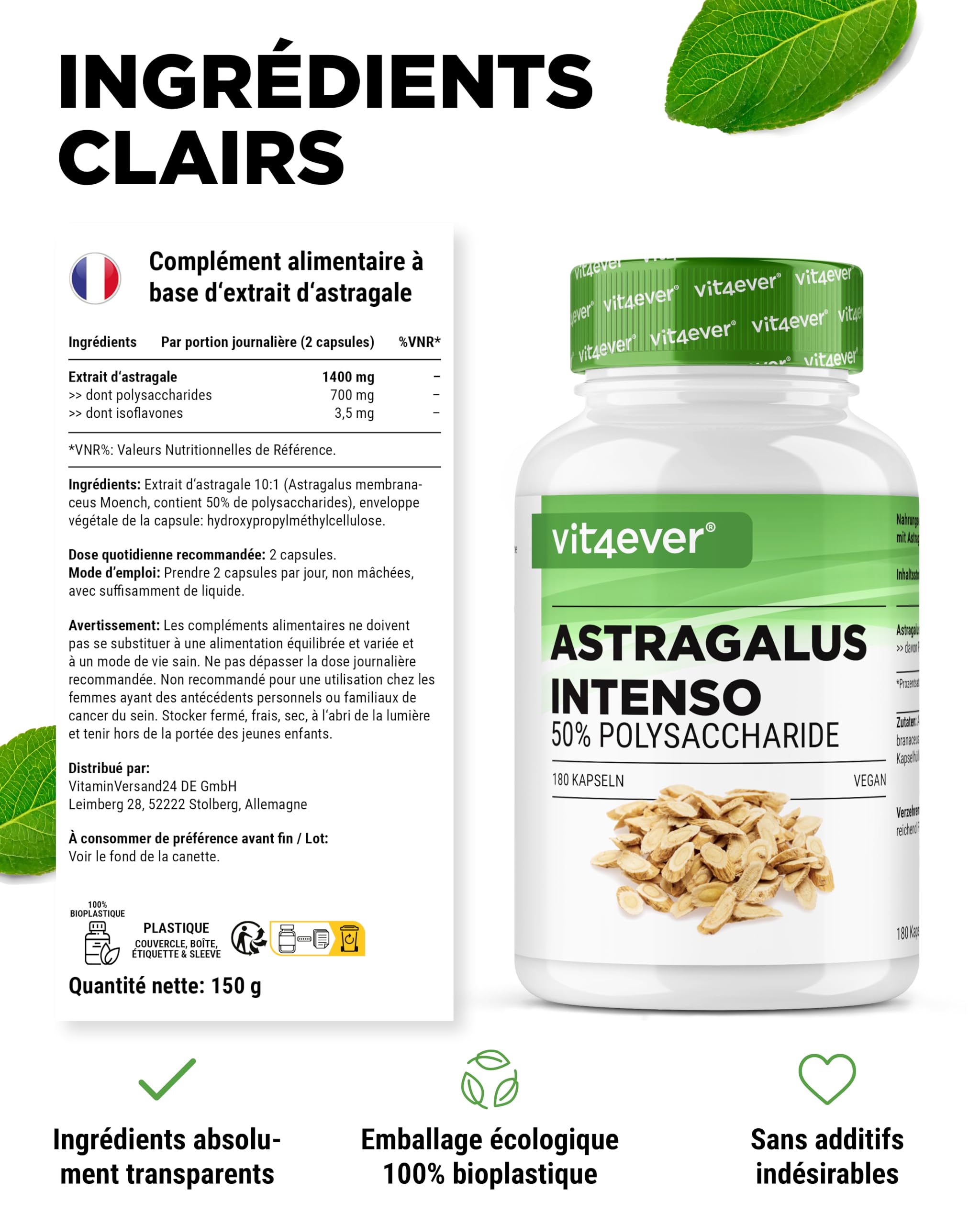 vit4ever Astragalus - Hautement Dosé avec 1400 mg d'Extrait pur par Jour - 180 capsules - Premium : 50% Polysaccharides - Extrait pur de Gomme Adragante - Sans Additifs Indésirables - Vegan