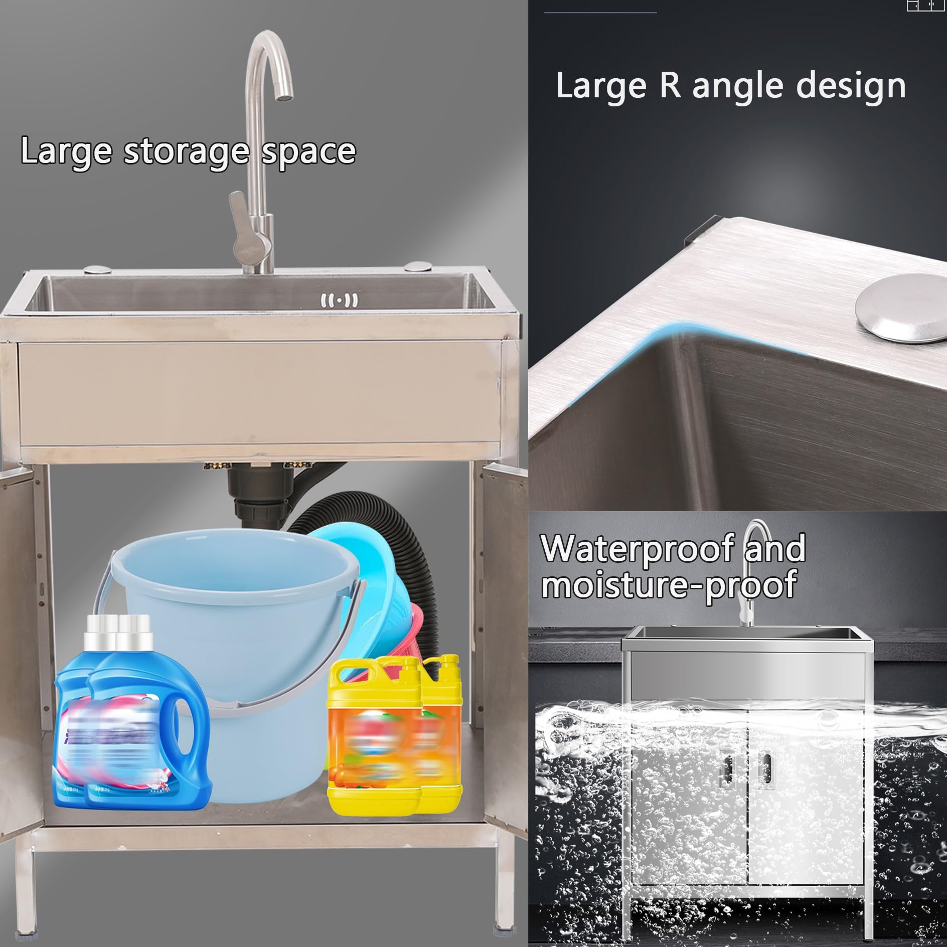 Mueble de Fregadero Exterior, Fregadero de Cocina Independiente de Acero Inoxidable con Grifo, Lavabo Individual para lavandería, Estilo rústico, Garaje.,60x45x80cm