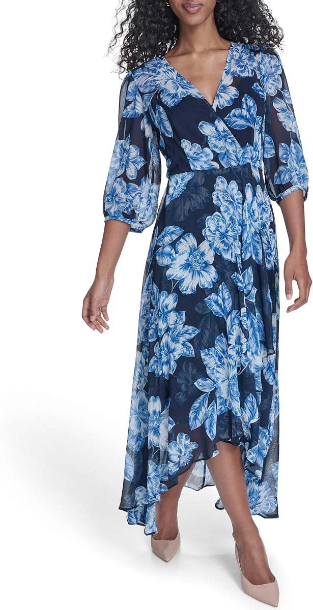 Women's 3/4 Balloon Sleeve V-Neck Belted Wrap Midi Dress