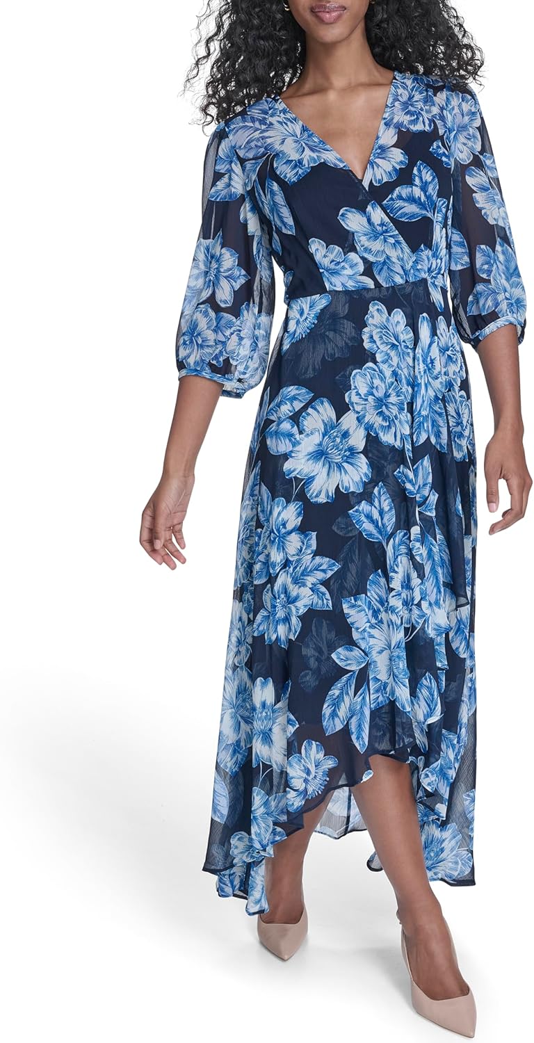 Calvin Klein Women's 3/4 Balloon Sleeve V-Neck Belted Wrap Midi Dress