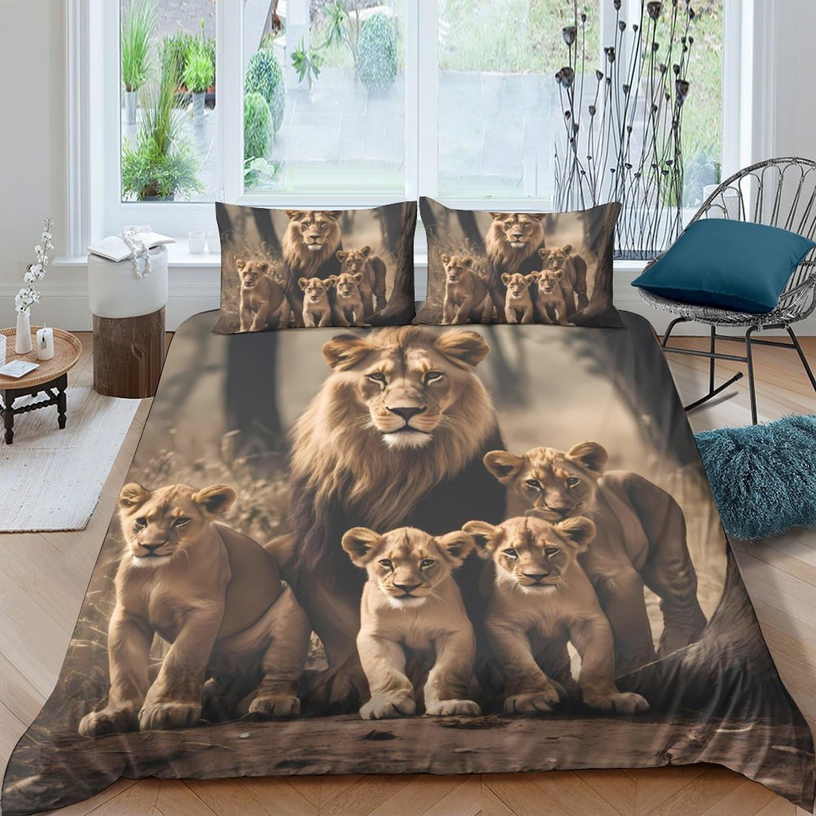 3D Printed Lion Family Duvet Cover Microfiber Soft Breathable Safari Bedding Set with 2 Pillowcases for Bedroom Decor Single（135x200cm）
