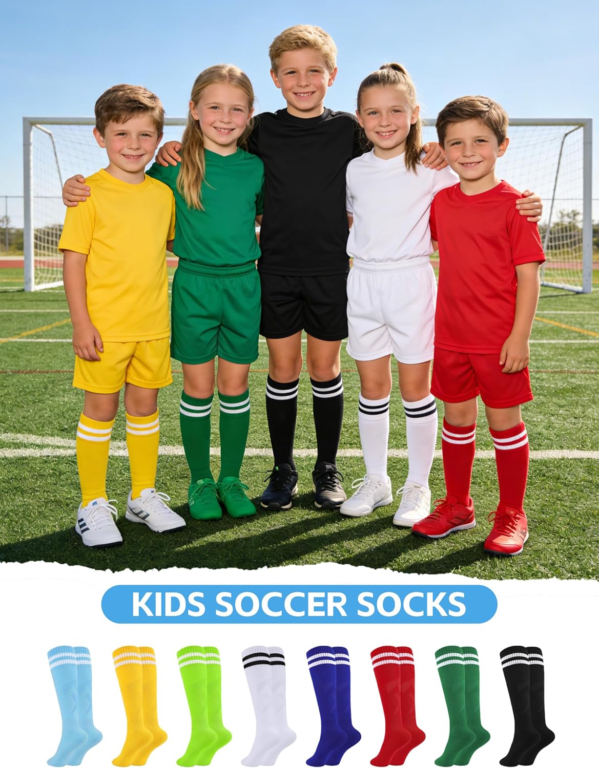 Glooarm 8 Pairs Kids Soccer Socks Boys Baseball Uniform Striped Knee High | Girls Cotton World Cup Socks, Ribbed Elastic Cuff, Breathable Mesh, Ankle & Arch Support, Smooth Toe Stitching