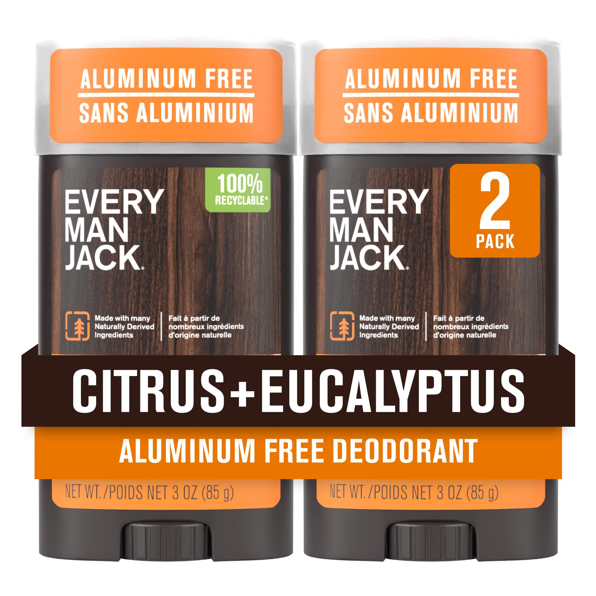Citrus + Eucalyptus Men’s Deodorant - Stay Fresh with Aluminum Free Deodorant For all Skin Types - Odor Crushing, Long Lasting, with Naturally Derived Ingredients - 3oz (2 Pack)