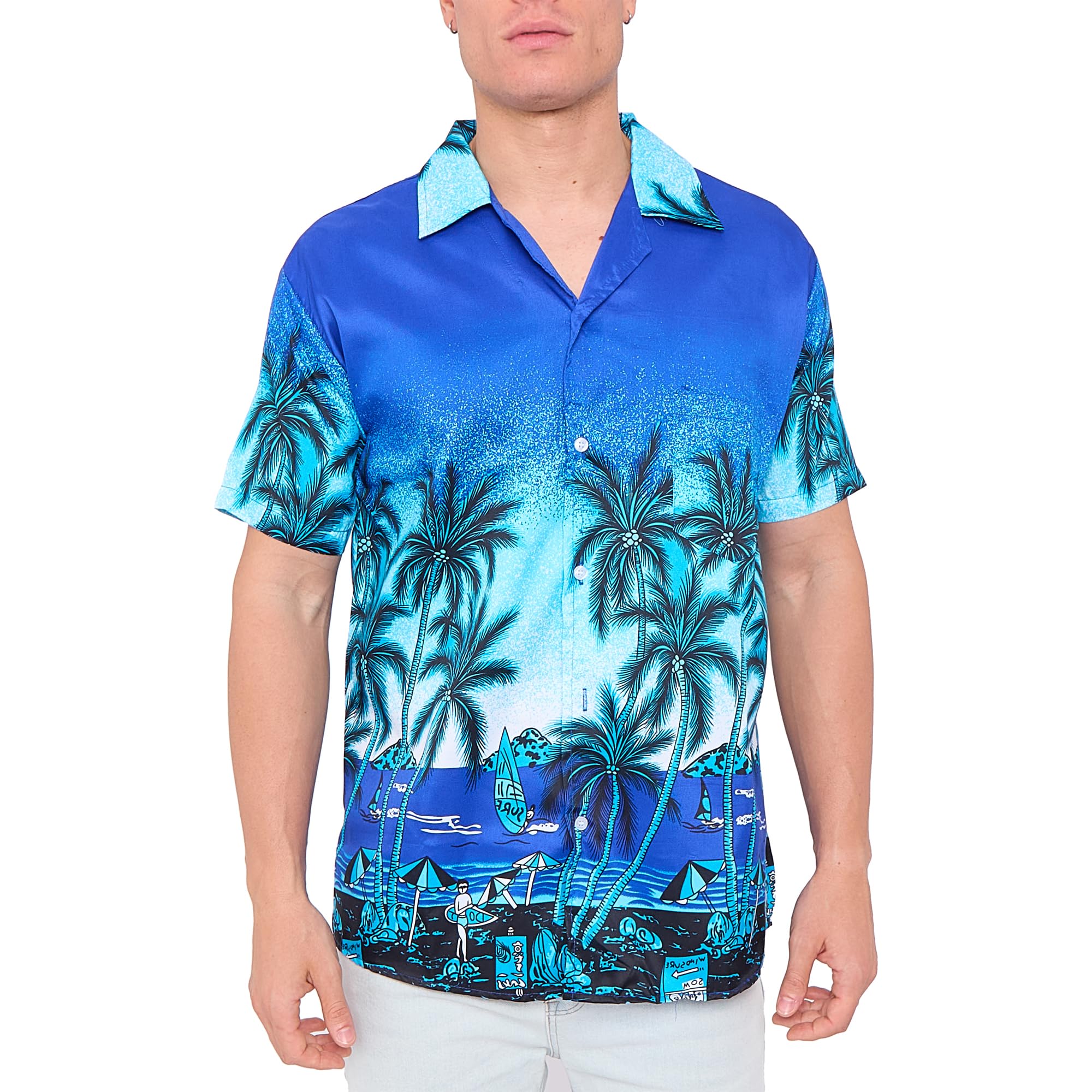 LABEL APPAREL Mens Hawaiian Shirt Palm Stag Beach Hawaii Aloha Party Summer Holiday Top Buttoned Blue