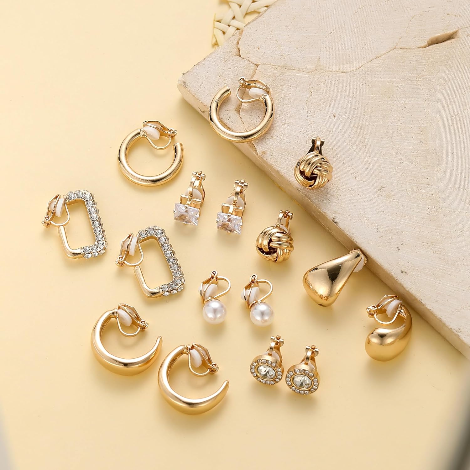 Wrlcorly 13 Pairs Clip on Earrings for Women 14K Gold Silver Plated Chunky Hoop Clip Earrings CZ Pearl Knot Twist Tube Waterdrop Croissant Non Pierced Hoop and Studs Fake Earring Jewelry Set - Image 6