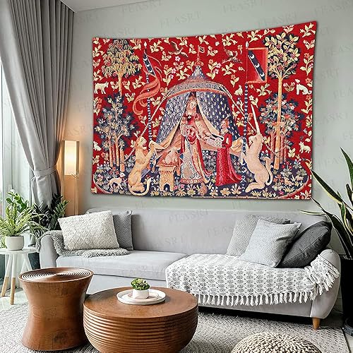 Miniatura 5 de FEASRT Tapiz real medieval europeo de doncella y unicornio para dama, 60 x 40 pulgadas, franela suave, para colección de arte medieval de tapiz