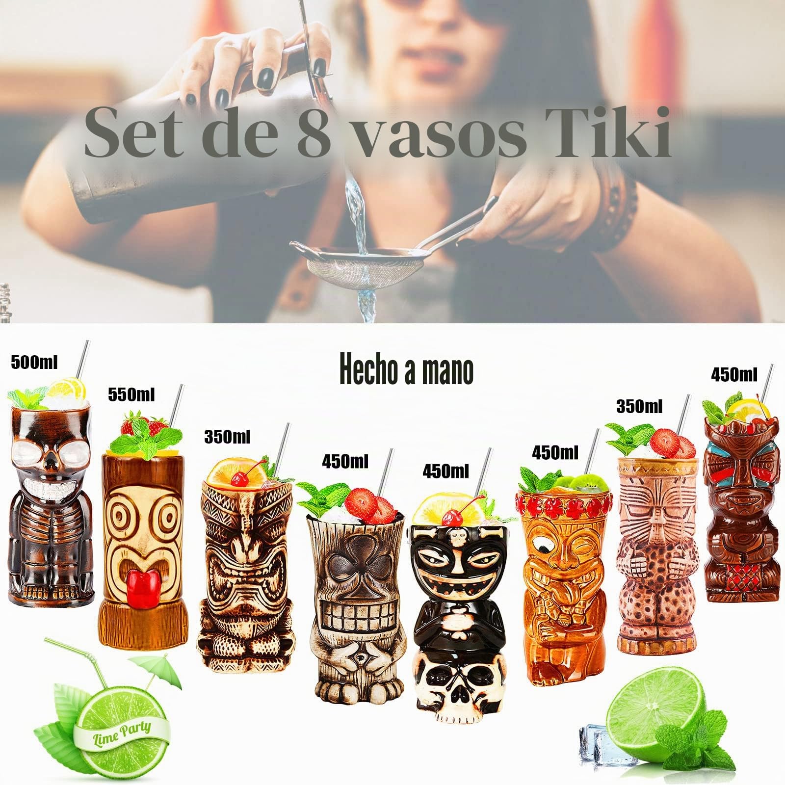 Tiki – Taza–Tiki Tazas Set De 8–Vasos De CóCtel Tiki De CeráMica–Copas De Bar Tiki –Fiesta Hawaiana–Copas Tropicales Premium Para Fiestas ExóTica