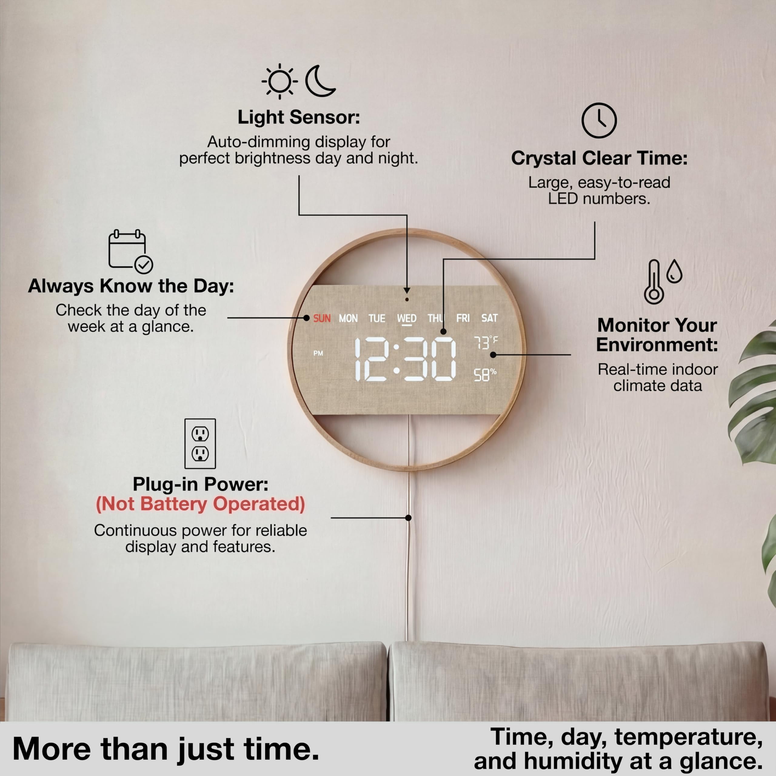 Driini Moderno reloj de pared digital LED, madera de bambú con pantalla de números grandes, día de la semana, hora, temperatura y humedad, decoración estética bohemia para sala de estar o dormitorio,