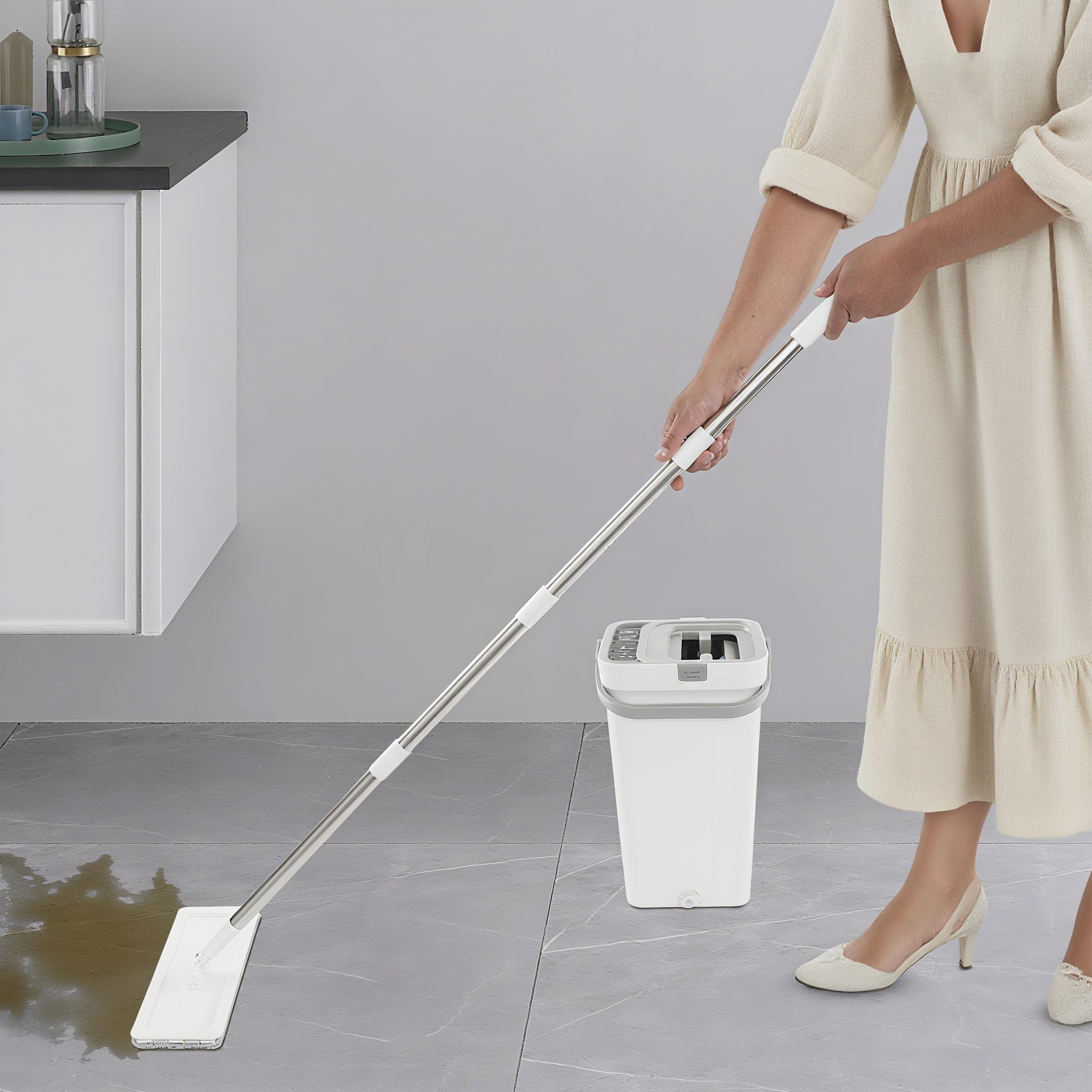 Fregona plana con cubo ABS microfibra giratoria 360° para cocina | Cubo de doble compartimento con rascador flotante, ideal para cocina, baño, paredes y ventanas