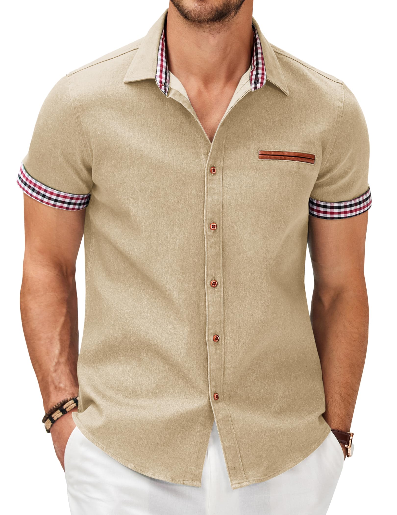 COOFANDY Men's Casual Cotton Short Sleeve Button Down Dress Shirt Plaid Collar Denim Work Shirts