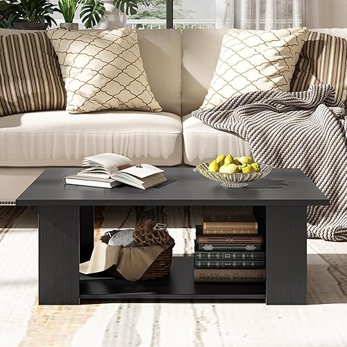 Miniatura 4 de Tangkula Mesa auxiliar de 2 niveles, moderna mesa de cóctel rectangular con 5 patas de soporte, muebles de sala de estar con acento de madera, mesa