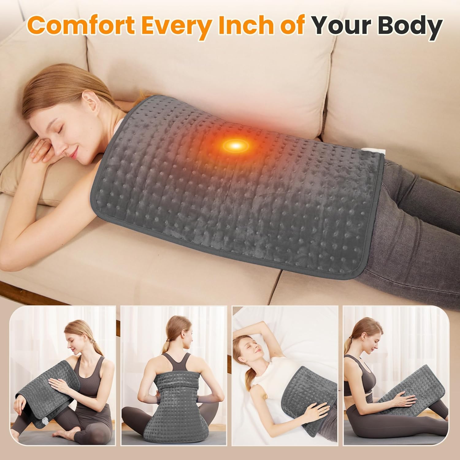 Electric Heating Pad for Back Pain Relief & Cramps - 6 Heat Settings,Auto Shut Off,Moist Heat Options,Portable Heated Pads for Neck/Shoulder Machine Washable Gift for Men Women,Grey,20"x24" - Image 4