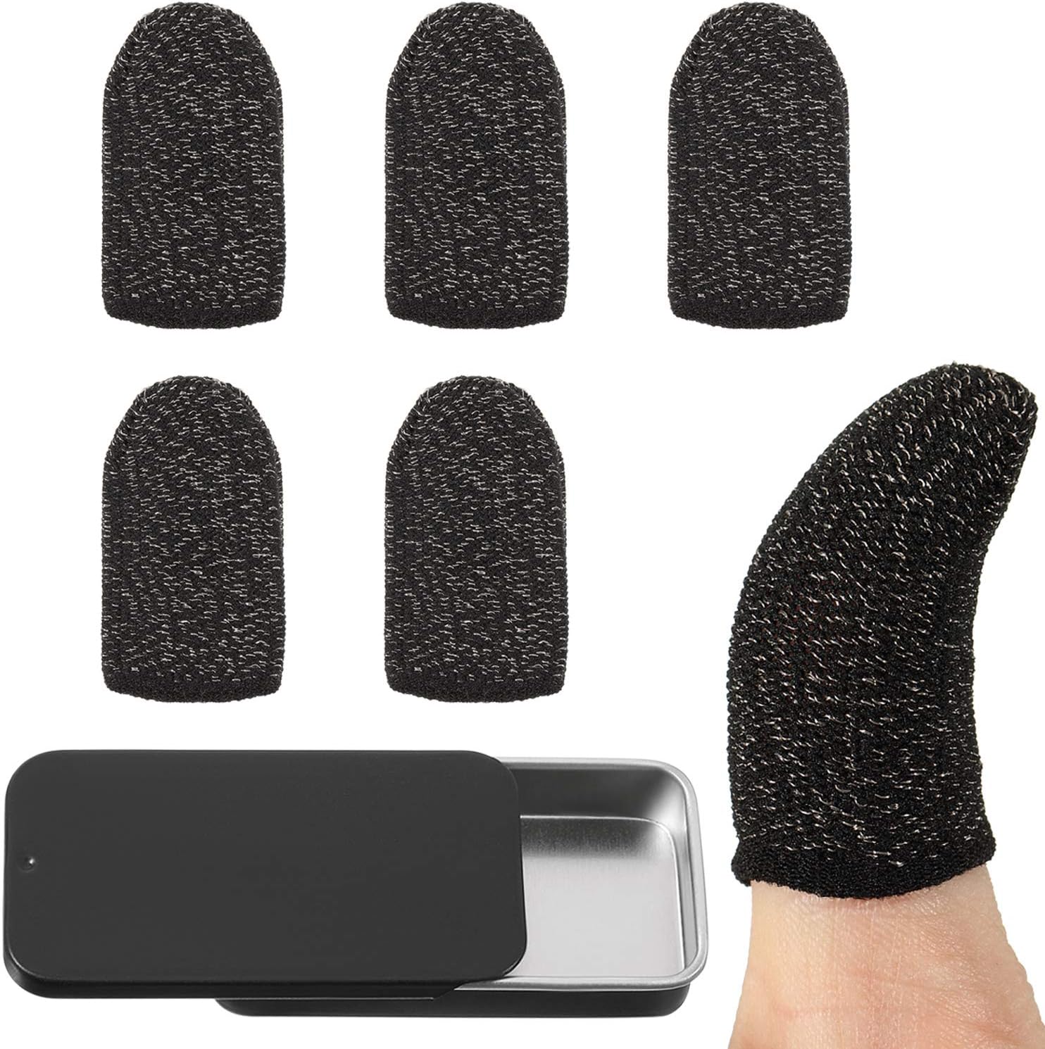 Mobile Game Finger Sleeves Controllers 6 Pieces Anti-sweat Breathable Gaming Finger Sleeve Thin Full Touch Screen Finger Sleeves with Metal Slide Top Container for Touchscreen Smart Phone Games
