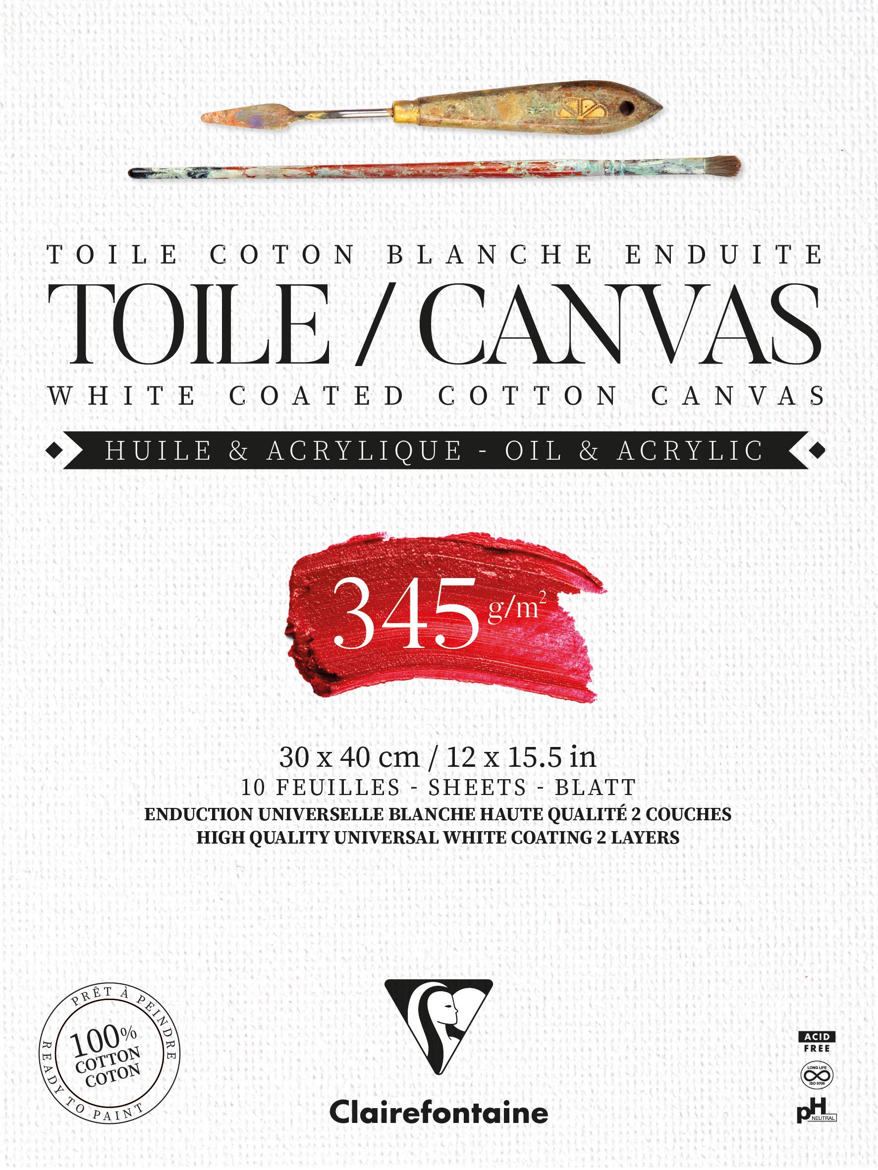 Clairefontaine 975223C – Un bloque encolado de 10 lienzos listos para pintar, 30 x 40 cm, 345 g, blanco flor de lis