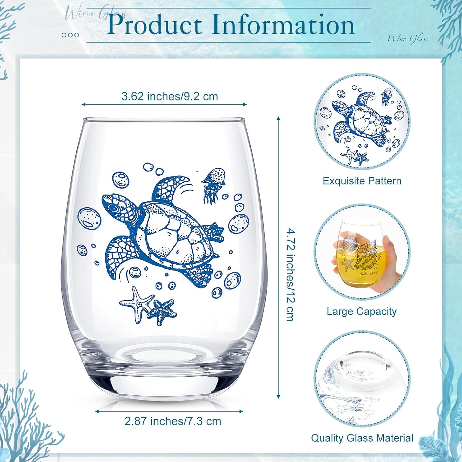4 Pcs 19 oz Summer Sea Stemless Wine Glasses, Turtle, Starfish, Octopus, Conch Shell Glasses Gifts for Ocean Beach Sea Turtle Lovers Unique Drinking Wine Cups Birthday Gifts for Women Men - Image 3