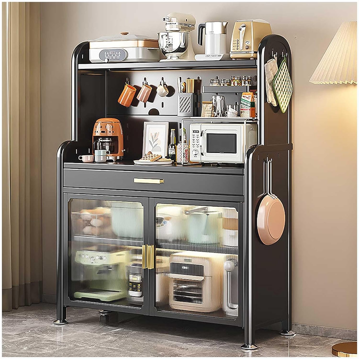 Generic Black,147.5×80cm/58×31.5in, Kitchen Baker's Rack with Adjustable Shelf, 5-Tier Microwave Stand with Drawer, Large Metal Storage Shelves for Garage Pantry Home Kitchen Spices, Pots, and Pans