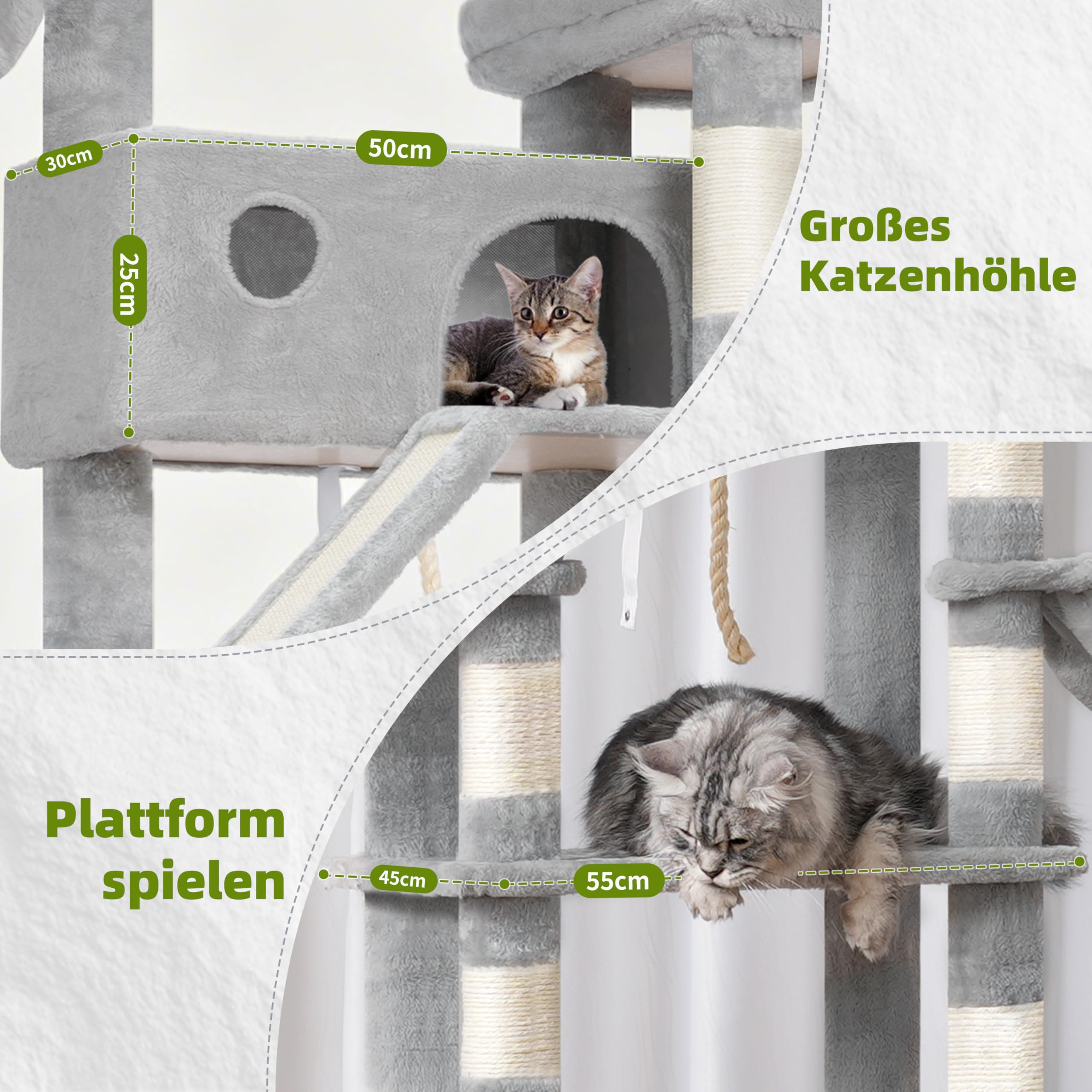 Gitelsnour Kratzbaum groß, katzenbaum große Katzen stabil für Innenbereich, 200 cm katzenkratzbaum mit geräumiger Plattformen, Katzenhöhlen, Hängematte, Sisalsäulen, Hellgrau GCT031W