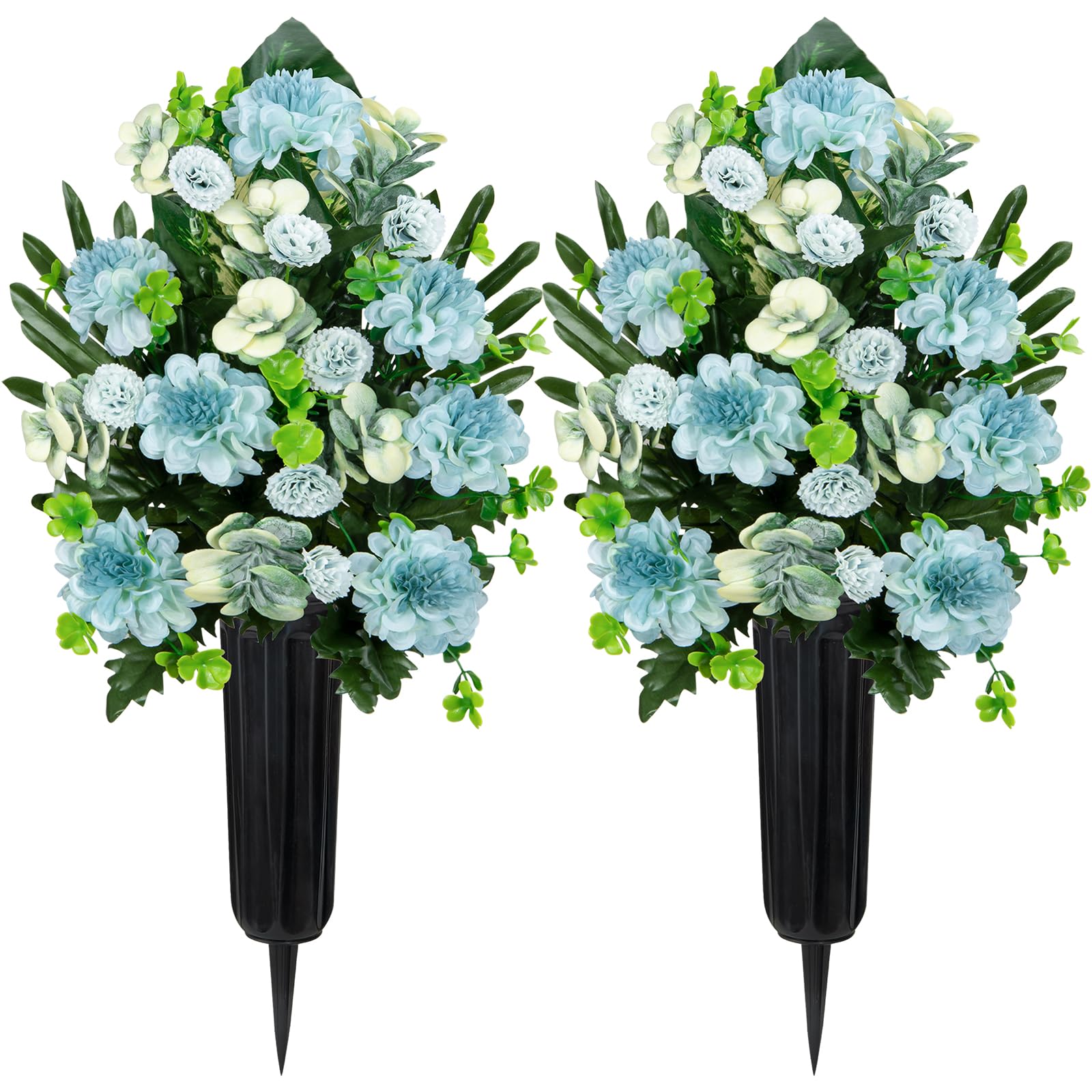 Velibobo Blue Artificial Flowers For Graves, Set Of 2 Memorial Cemetery Flowers Bouquets, Funeral Chrysanthemum With Vases For Outdoor Graveside Decoration (Blue)