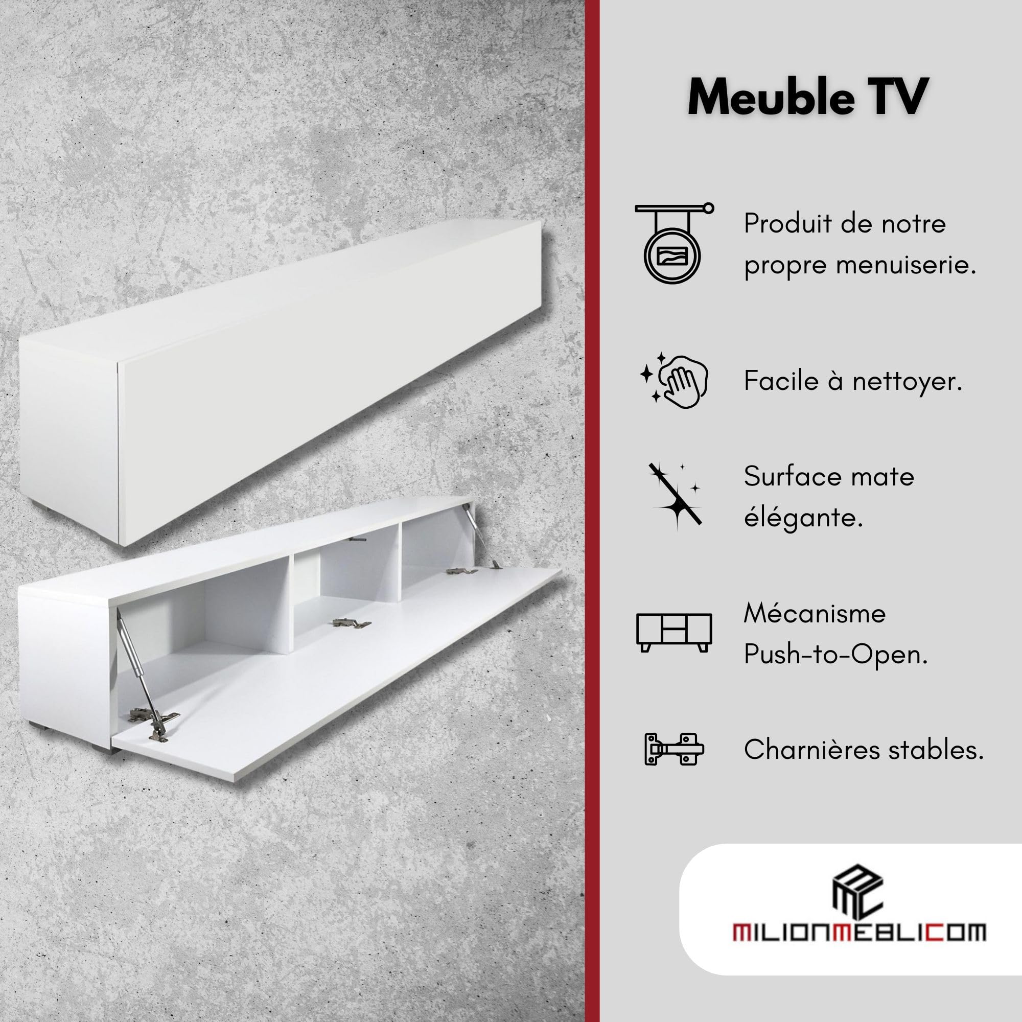 Meuble TV De Télé Blanc Mat pour Salon Largeur 160 CM Moderne Suspendu avec à Fermeture Amortie Design Table de Television
