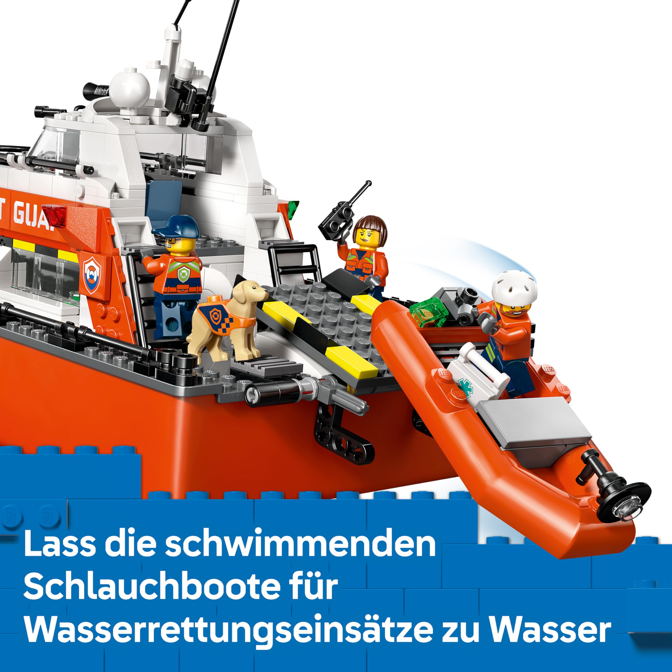 LEGO City Rettungsboot der Küstenwache mit Hubschrauber - Spielzeug Einsatzfahrzeug - Set mit schwimmendem Schiff, 5 Minifiguren und Hundefigur - Geburtstagsgeschenk für Jungen ab 7 Jahren - 60504