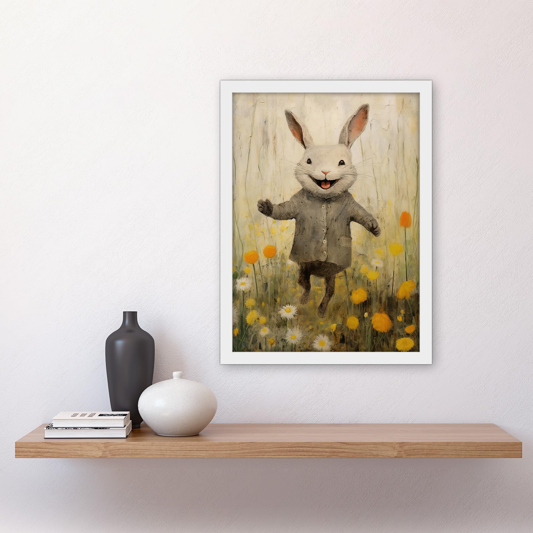 Artery8 Raincoat Rabbit Happy Bunny Flower Meadow Kids Girls Bedroom Nursery Artwork Framed A3 Wall Art Print - Image 2