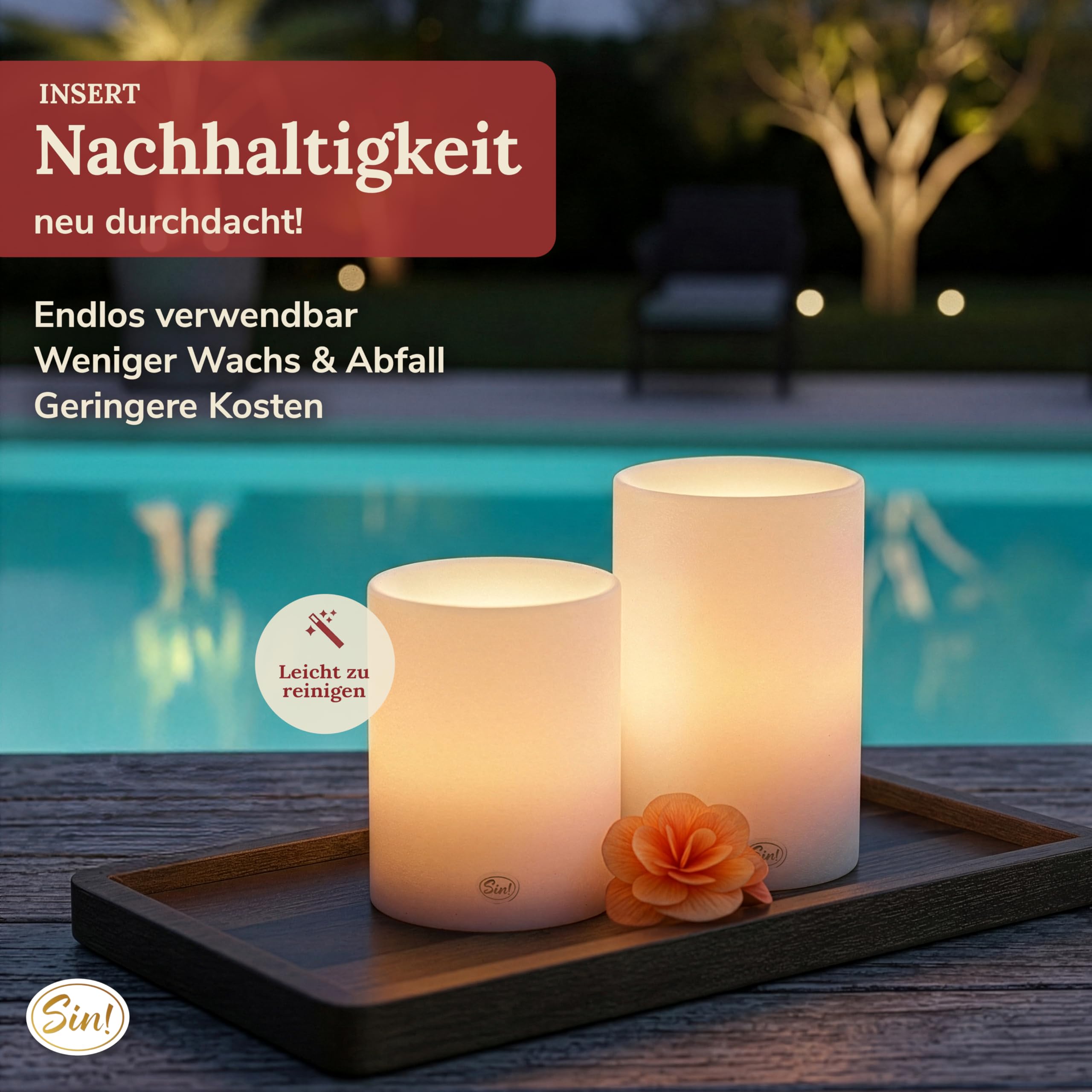 Sin!® 1x Teelichthalter & Stumpenkerze Insert ∅ 12 Höhe 12cm weiß - Die Kerze die nicht schmilzt! Kunststoff Dauerkerze inkl Teelicht 8 Std Brenndauer (Made in Germany) Kerzenoptik mit Teelichteinsatz