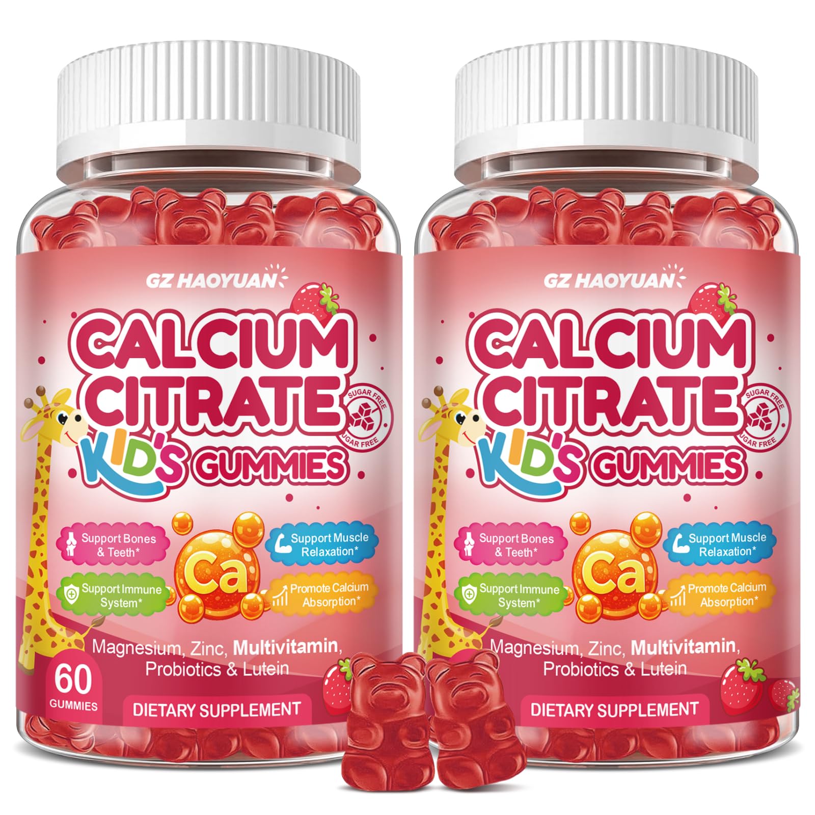 Kids Calcium Citrate Gummies - 1200mg Calcium Gummies Supplements for Women & Men with Vitamin D3, K2, Magnesium, Zinc High Absorption for Muscle & Immune Support, Strawberry Flavor, 120 Count Strawberry & Kids 60 Count (Pack of 2)