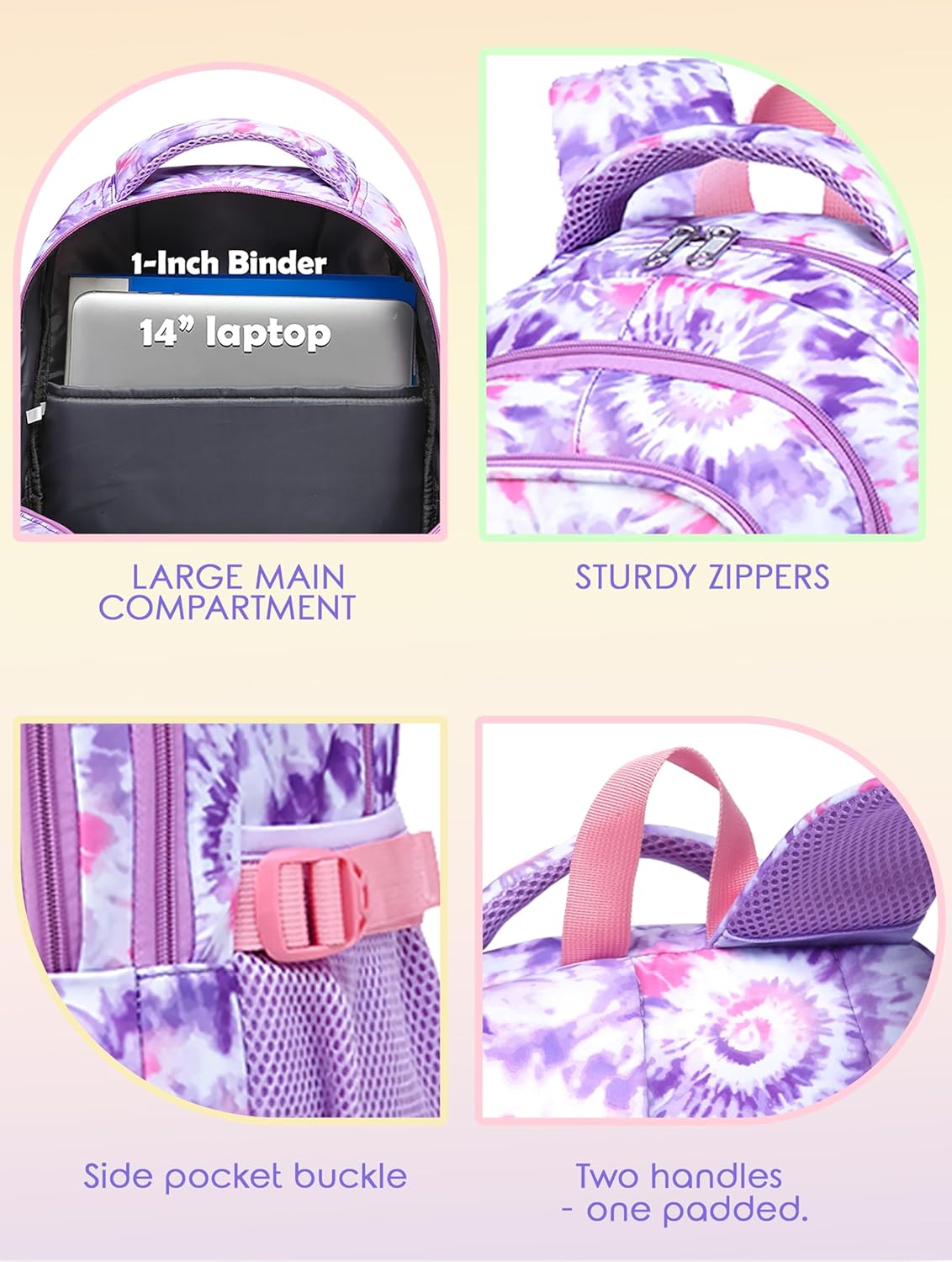 BLUEFAIRY Kids Backpack for Girls Elementary Primary Middle School Bag for Aged 8-10 for Teens Childs Bookbag Back to School Bag Mochilas Escolares para Niñas de 7 8 9 10 Tie-dye Purple - Image 5