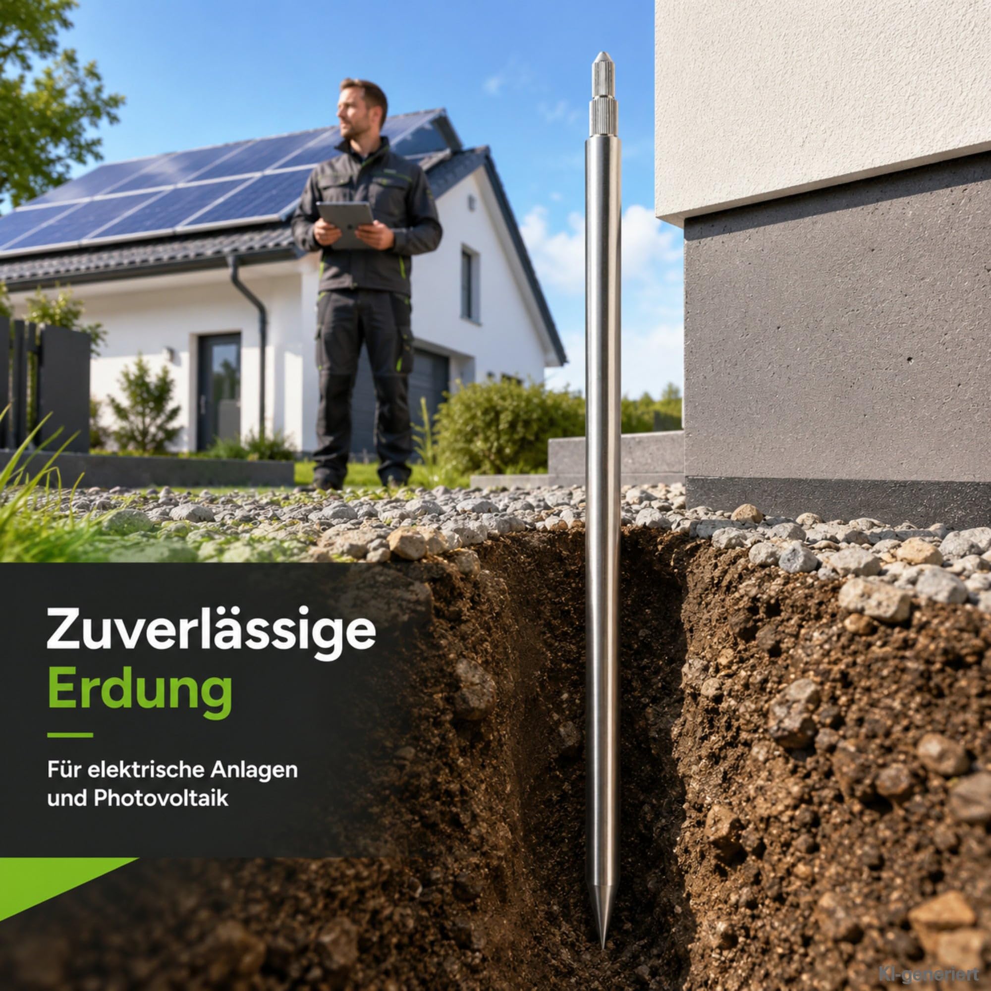 Offgridtec Tiefenerder V4A Set 1,5 m – Erdungsspieß Ø20 mm aus Edelstahl inkl. Einschlagspitze, Kreuzerder-Klemme & Schutzadapter – Erdungsstab für Blitzschutz, Erdungssysteme und PV-Anlagen