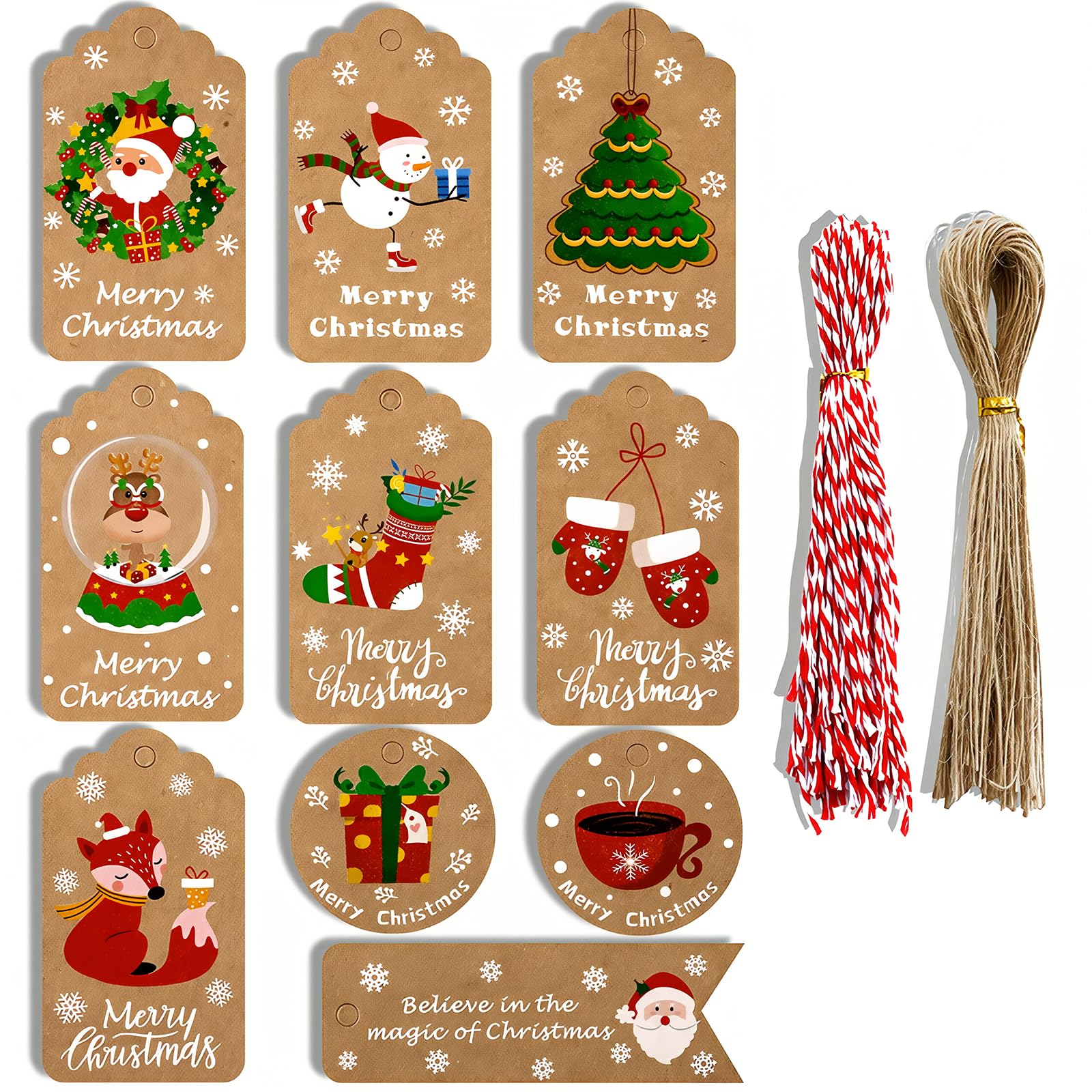 Christmas/Gift Tags,100 Pcs Gift Tags,Christmas Tags for Present, 10 Styles Xmas Hang Kraft Paper Tags with 50pcs Jute String for Gift Christma Tree Decoration (100 PCS Multi-Color)