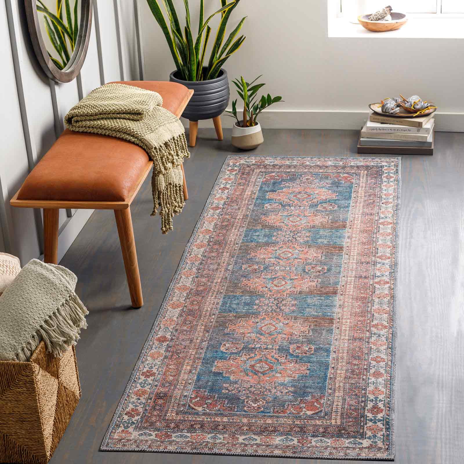 Livabliss Athena Faraoun Machine Washable Runner 80x220 cm – Vintage Boho Pattern for Hallway & Kitchen, Easy Care, Coral, Blue, Brown & Cream