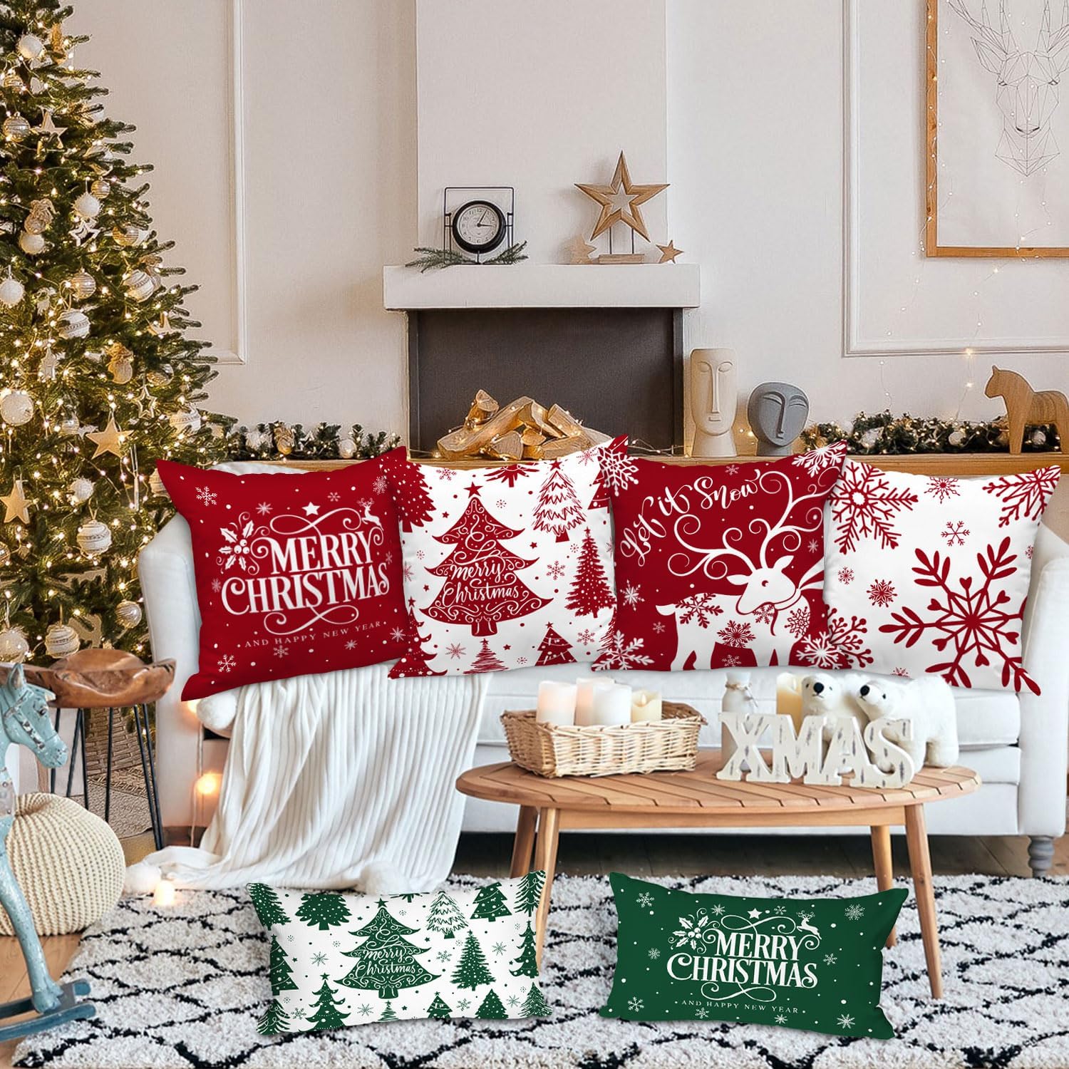 Lanpn White and Red 26x26 Christmas Pillow Covers Set of 4, Decorative 26 Inch Winter Snowflake Throw Pillow Case Xmas Cushion Cover for Indoor House Sofa Red