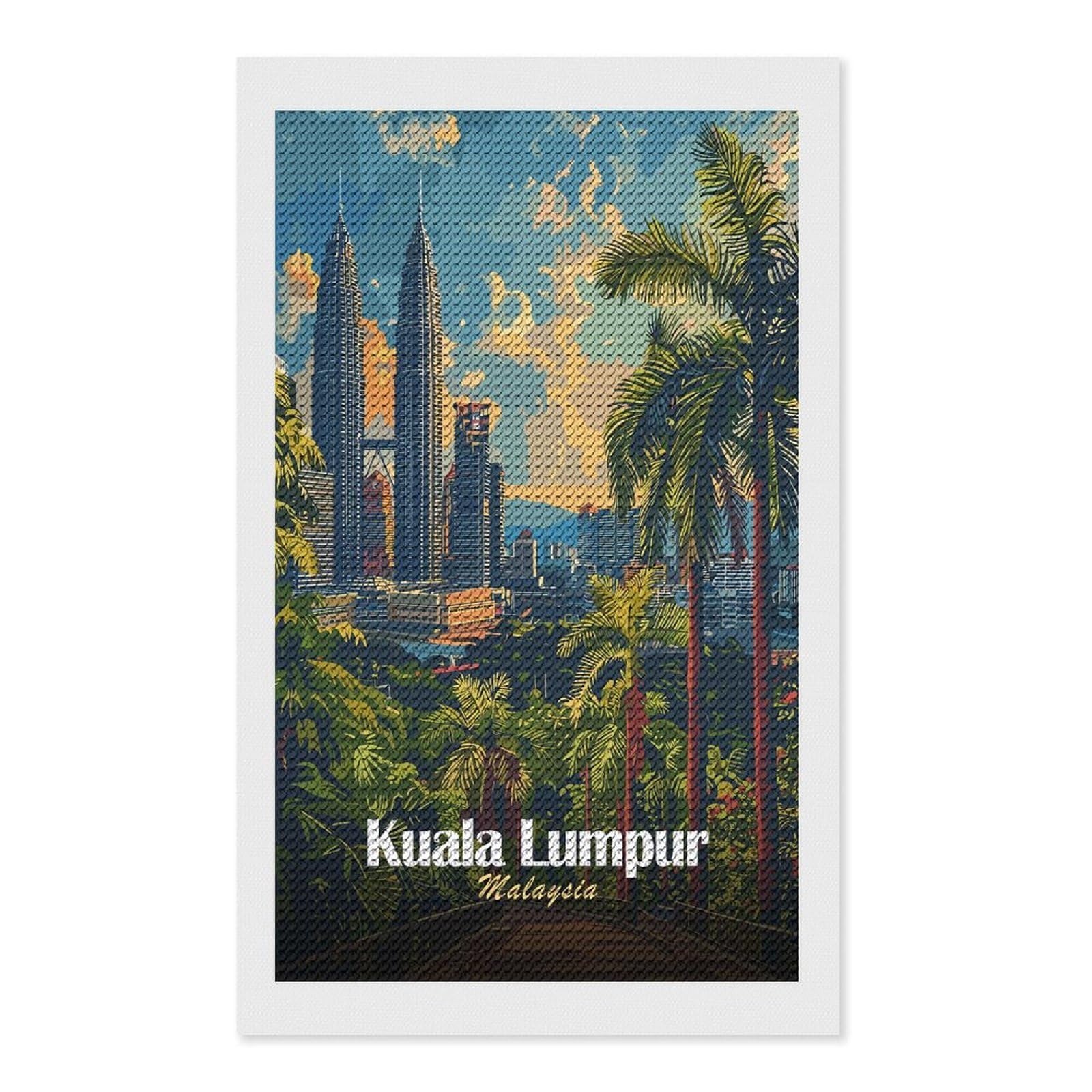 Junmoney Kuala Lumpur, Malaysia Cityscape Art Diamond Painting Canvas Kit 12"x20", Adhesive Canvas, Living Room Decor, Farmhouse Decor, Winter Craft