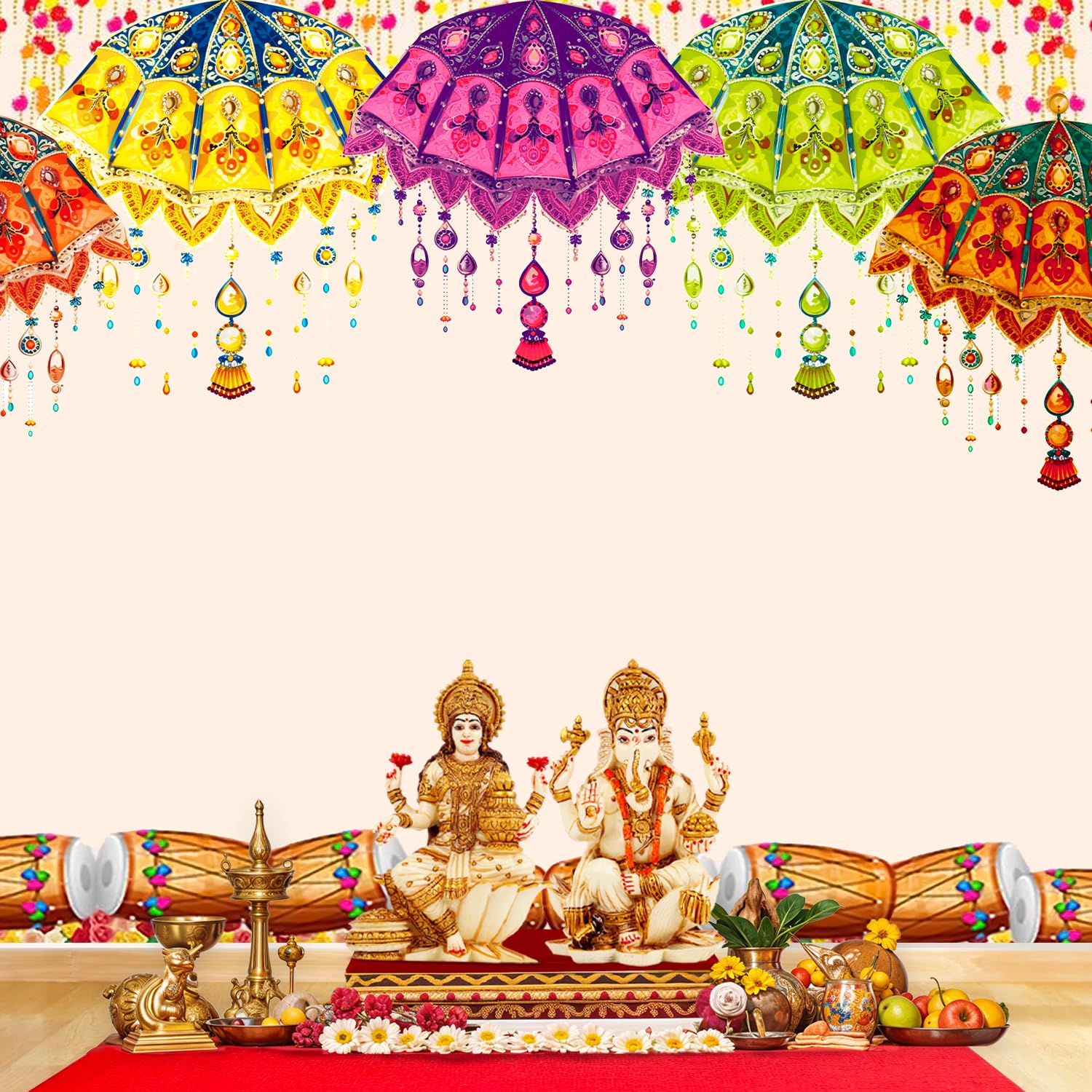 Party Propz Traditional Backdrop Cloth for Decoration Pooja, Diwali Decoration for Home Decor, Navratri Decorations Items, Haldi Decorations Items for Home (Cloth Banner)(8 * 5ft) - Image 4 thumbnail