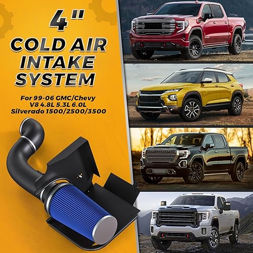 Miniatura 6 de Kit de admisión de aire frío de 4 pulgadas con filtro y tubo de entrada recubierto de polvo compatible con GMC Chevy 99-06 1999 2000 2001 2002 2003